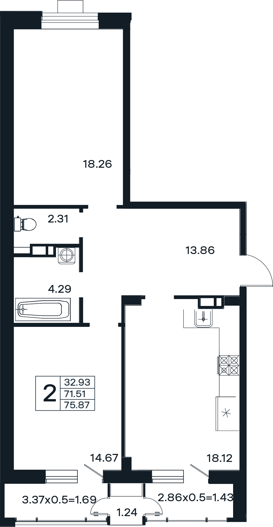 Планировка 2-комнатная 75,87 м²