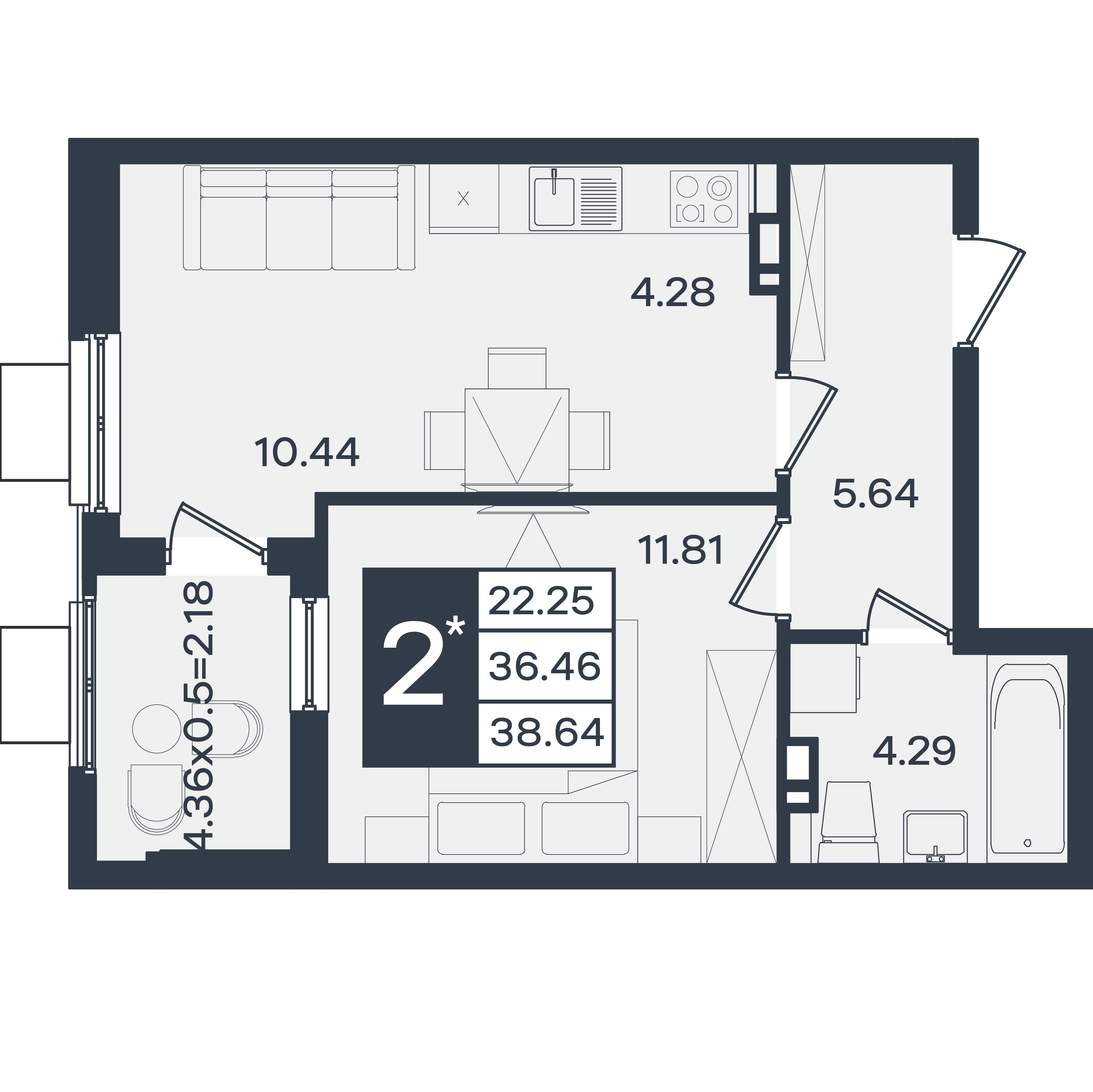 Планировка: 2-комн. квартира 38,6 м²