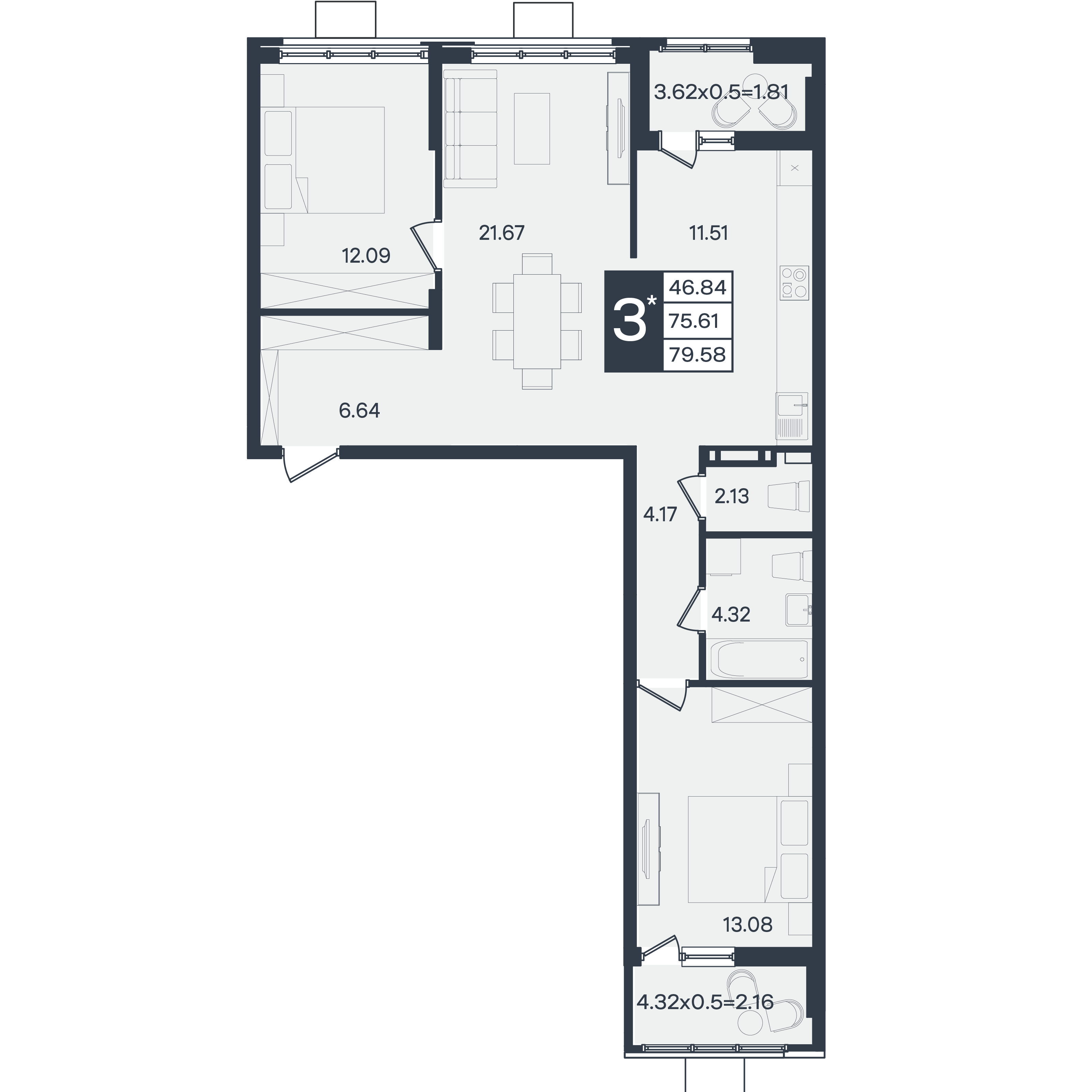 Планировка: 3-комн. квартира 79,6 м²