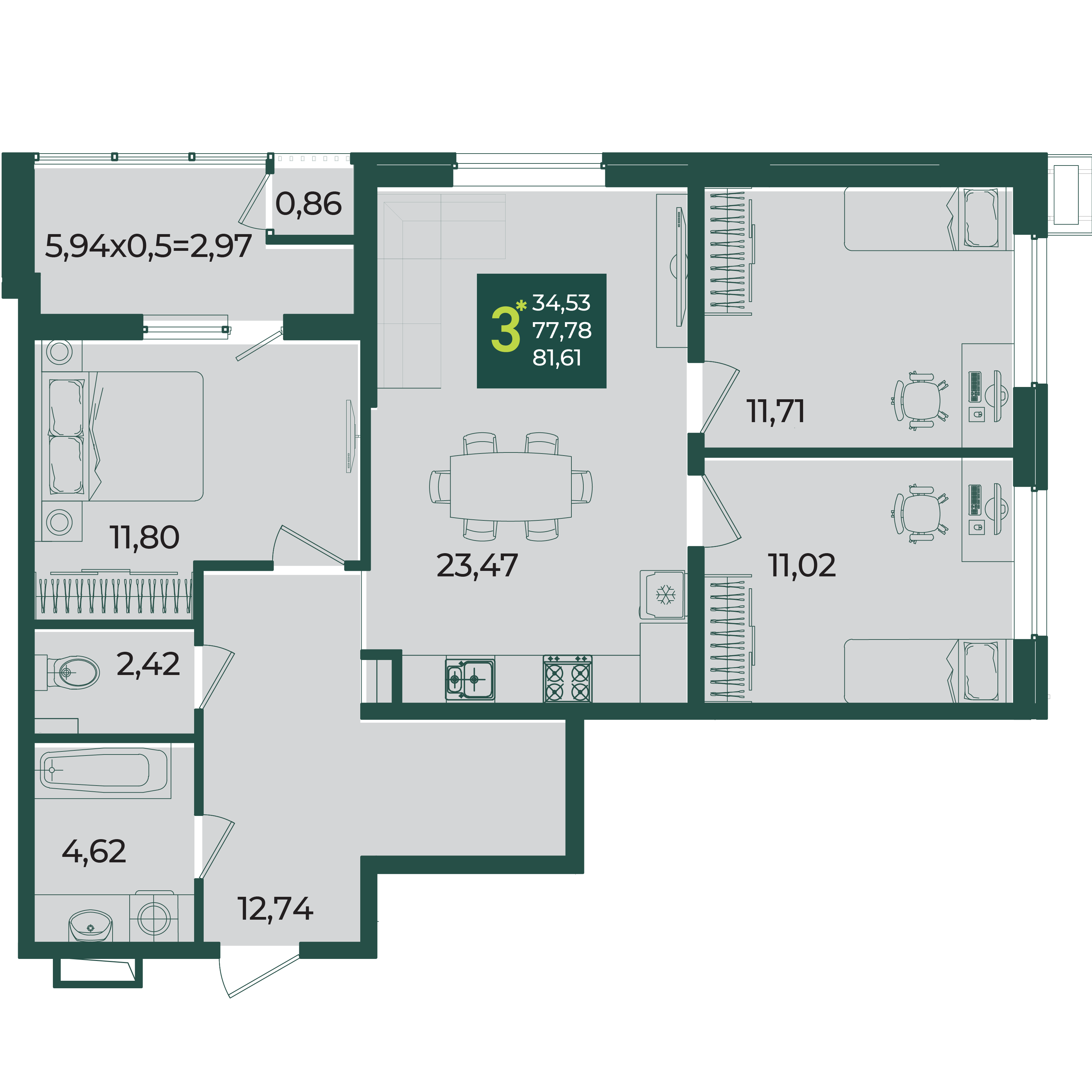 Планировка: 3-комн. квартира 81,6 м²