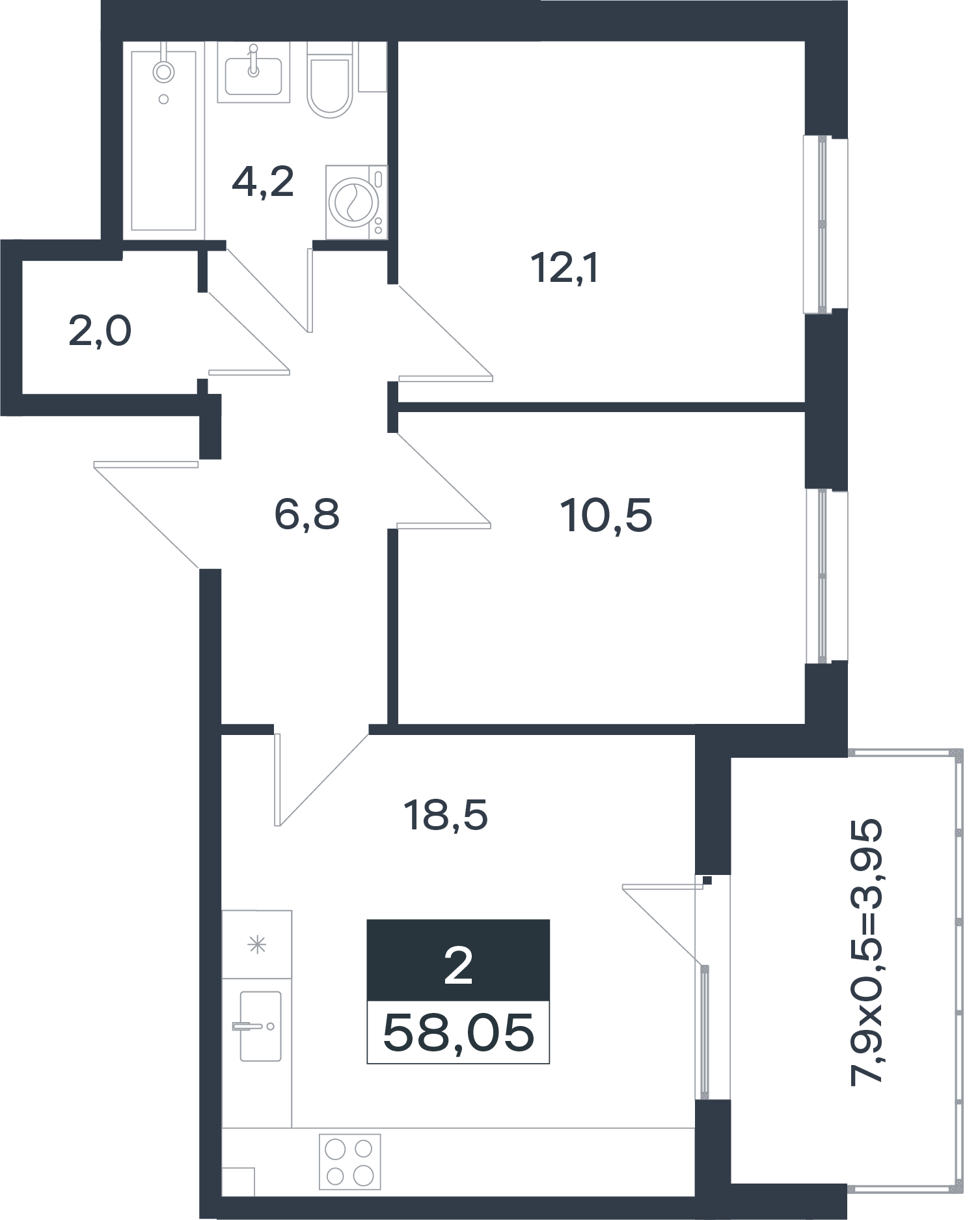 Планировка 2-комнатная 58,05 м²