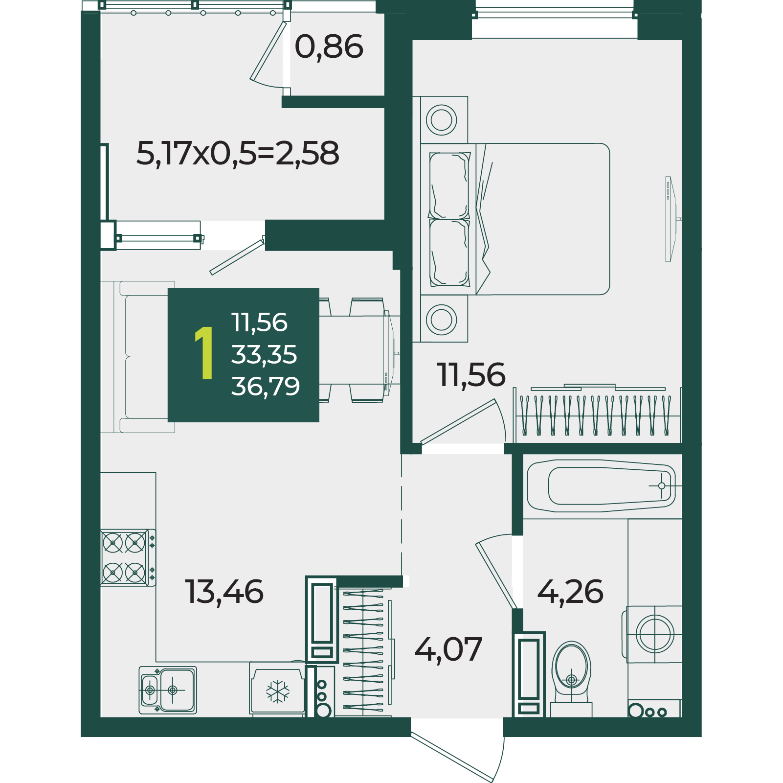 Планировка: 1-комн. квартира 36,8 м²