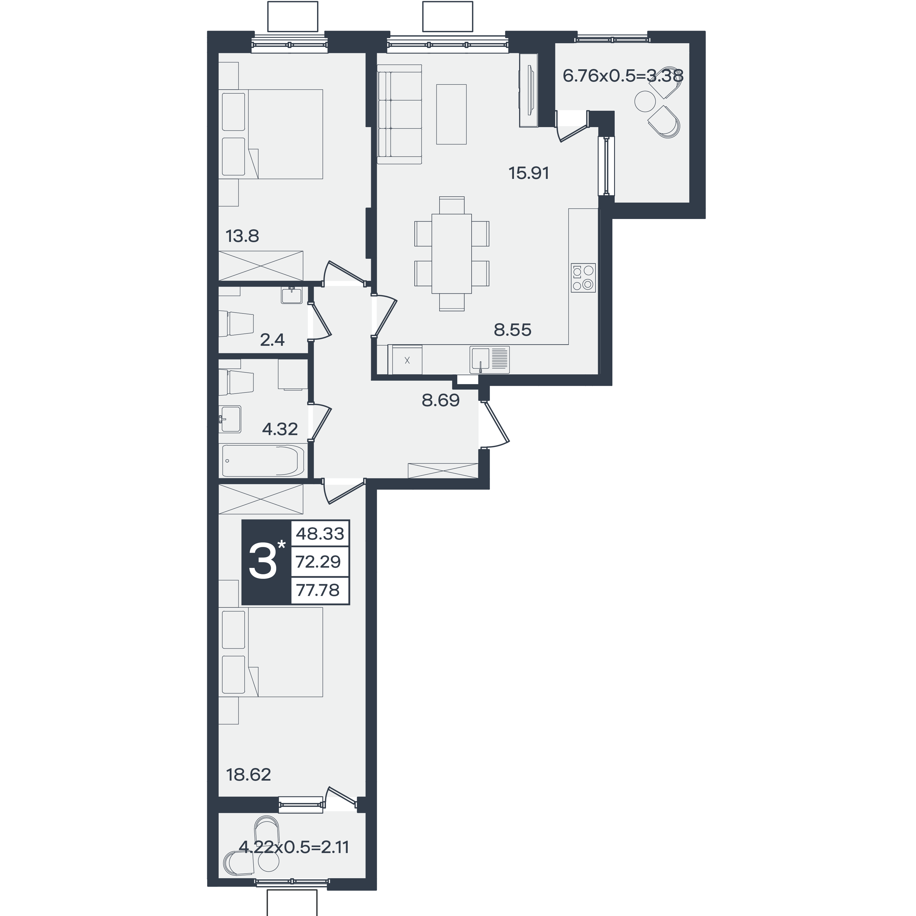 Планировка: 3-комн. квартира 77,8 м²