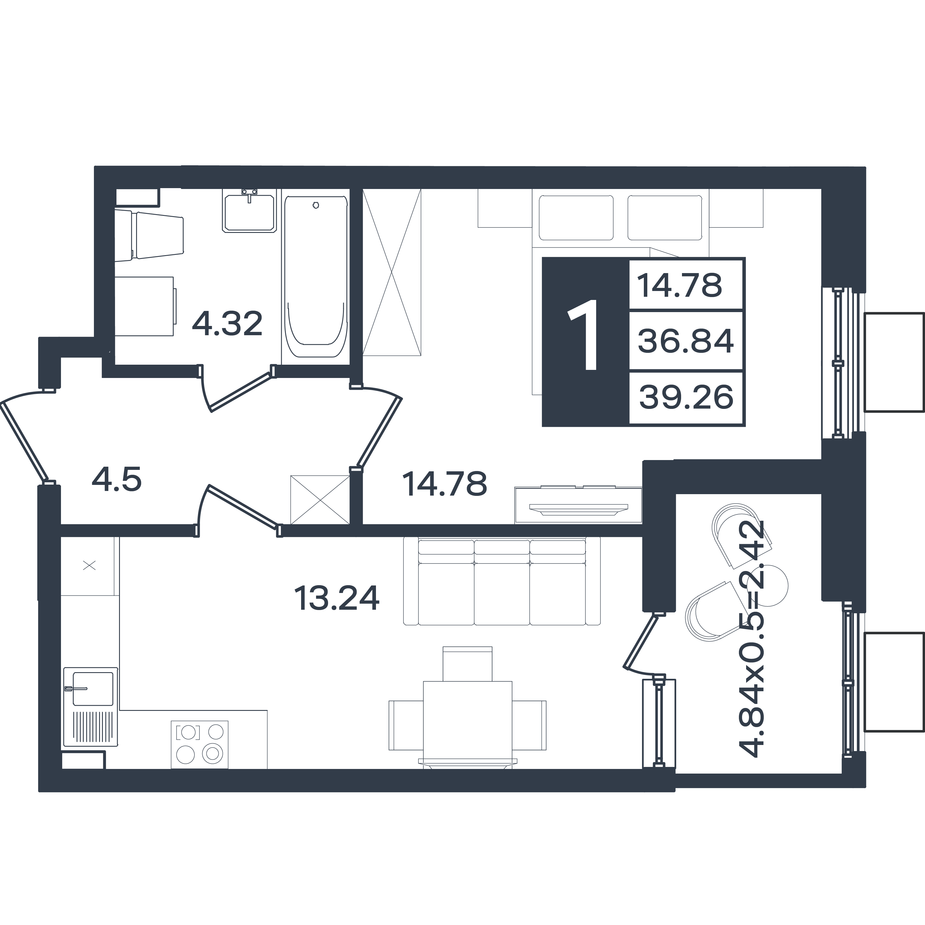 Планировка: 1-комн. квартира 39,3 м²