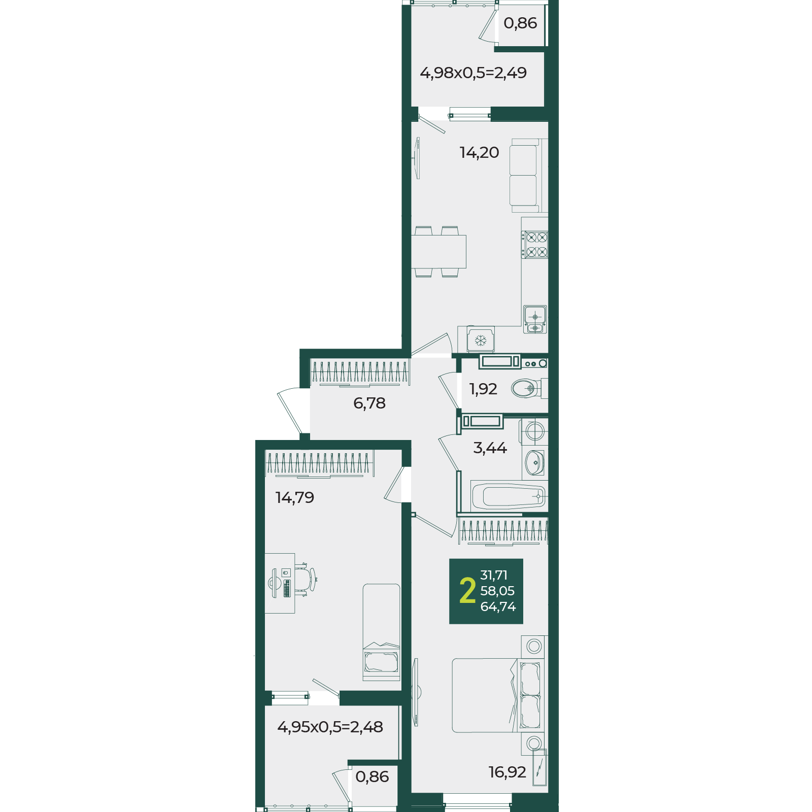 Планировка: 2-комн. квартира 64,7 м²