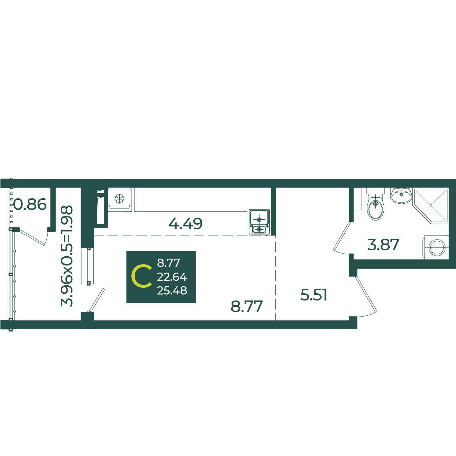 Планировка Студия 25,48 м²