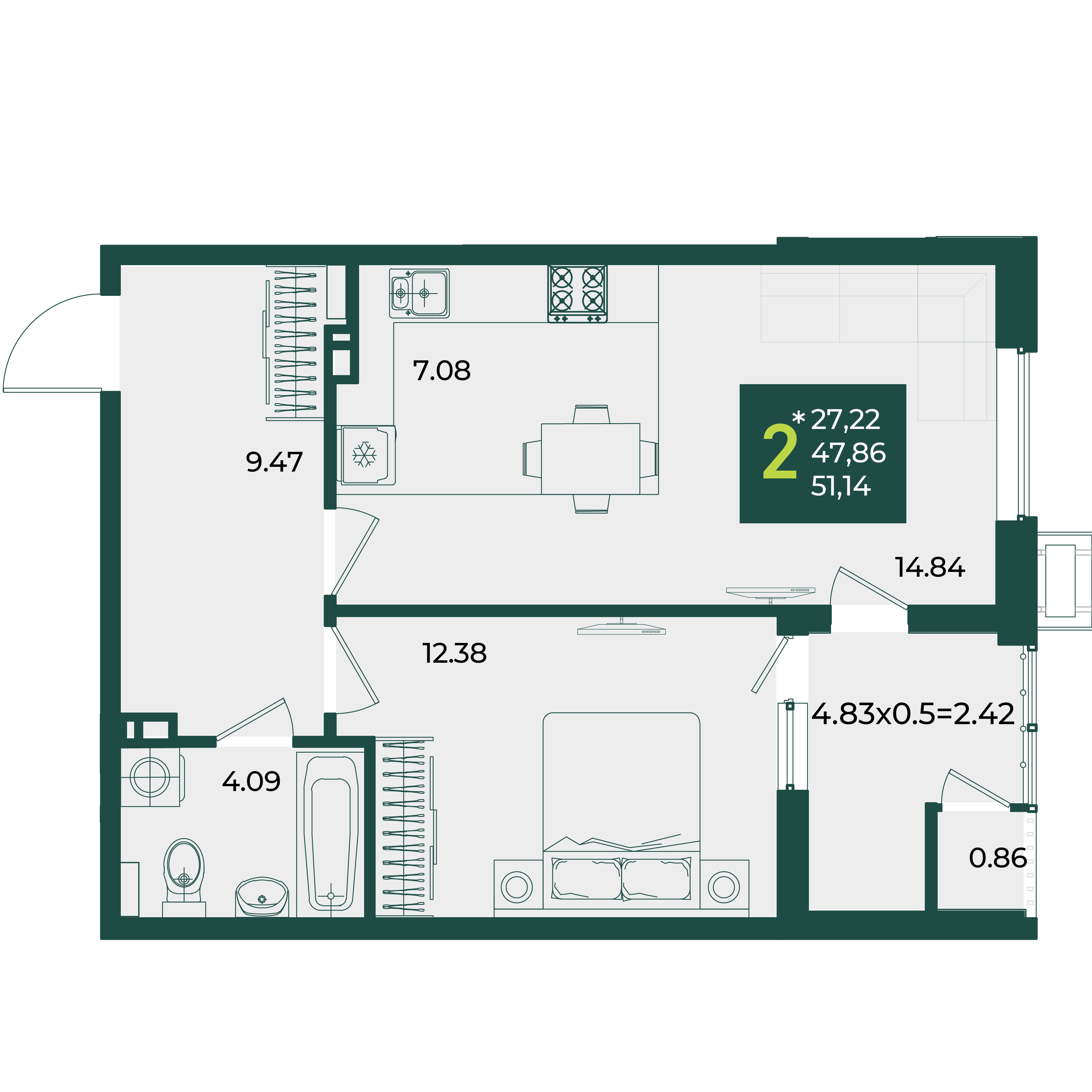 Планировка 2-комнатная 51,14 м²