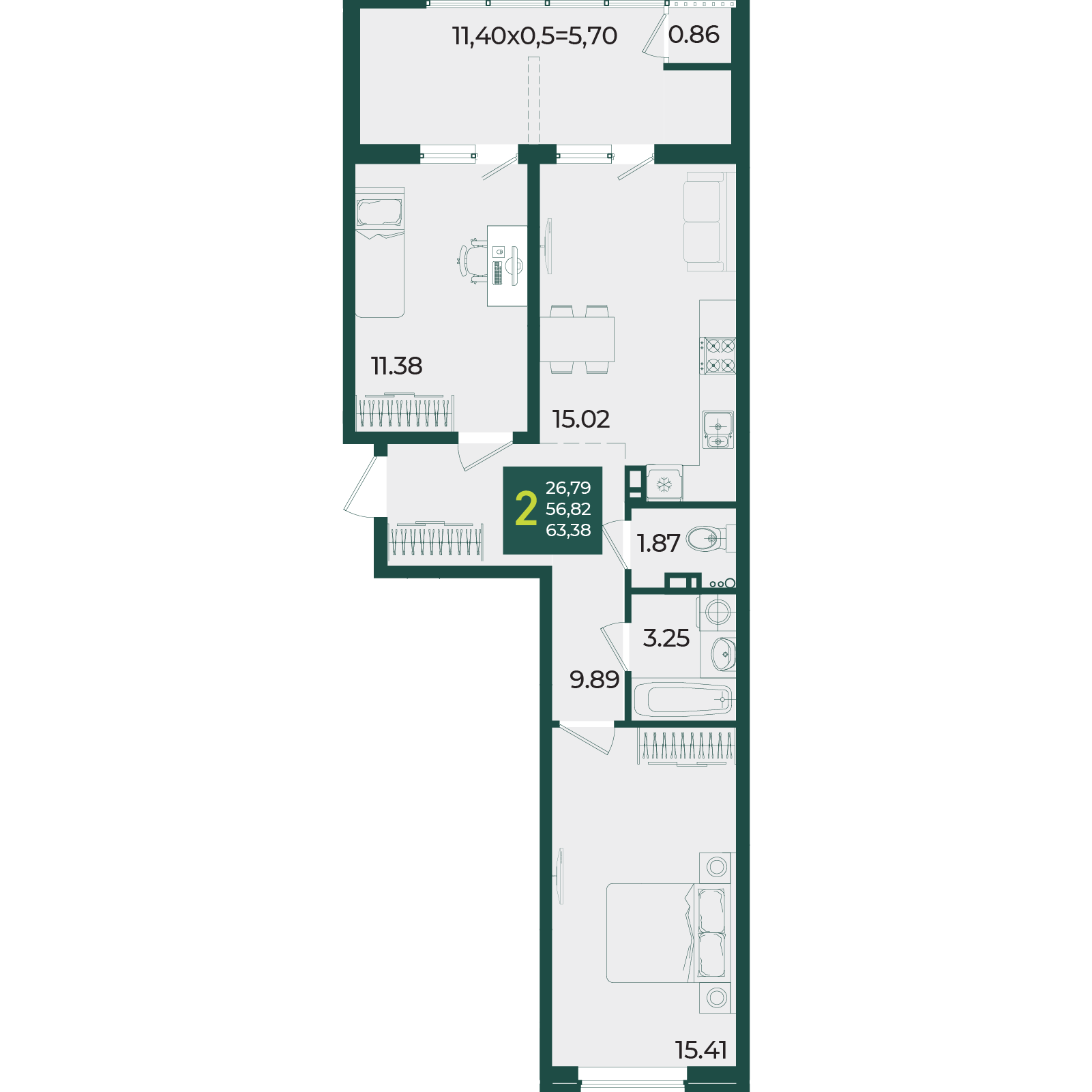 Планировка 2-комнатная 63,38 м²