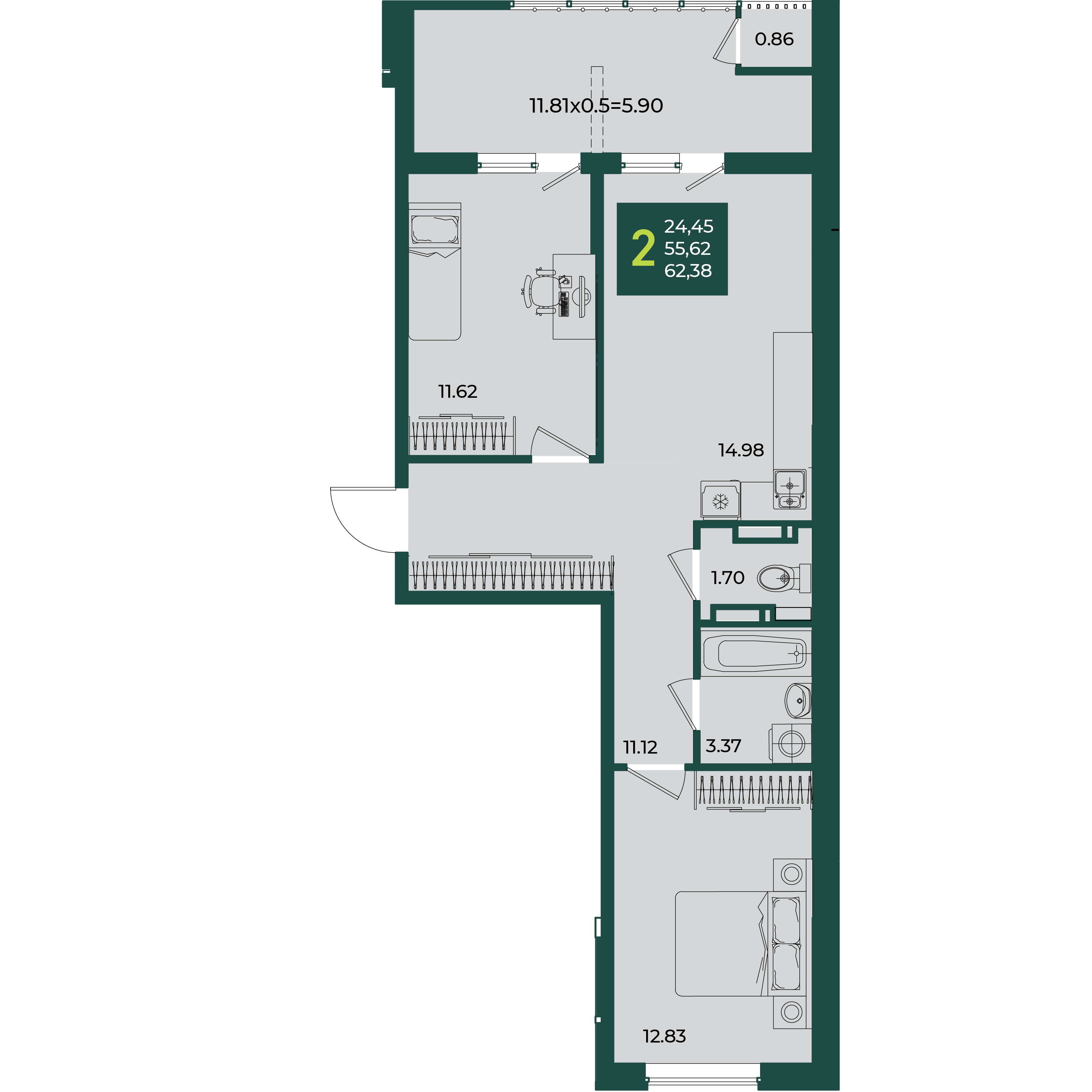 Планировка 2-комнатная 62,38 м²