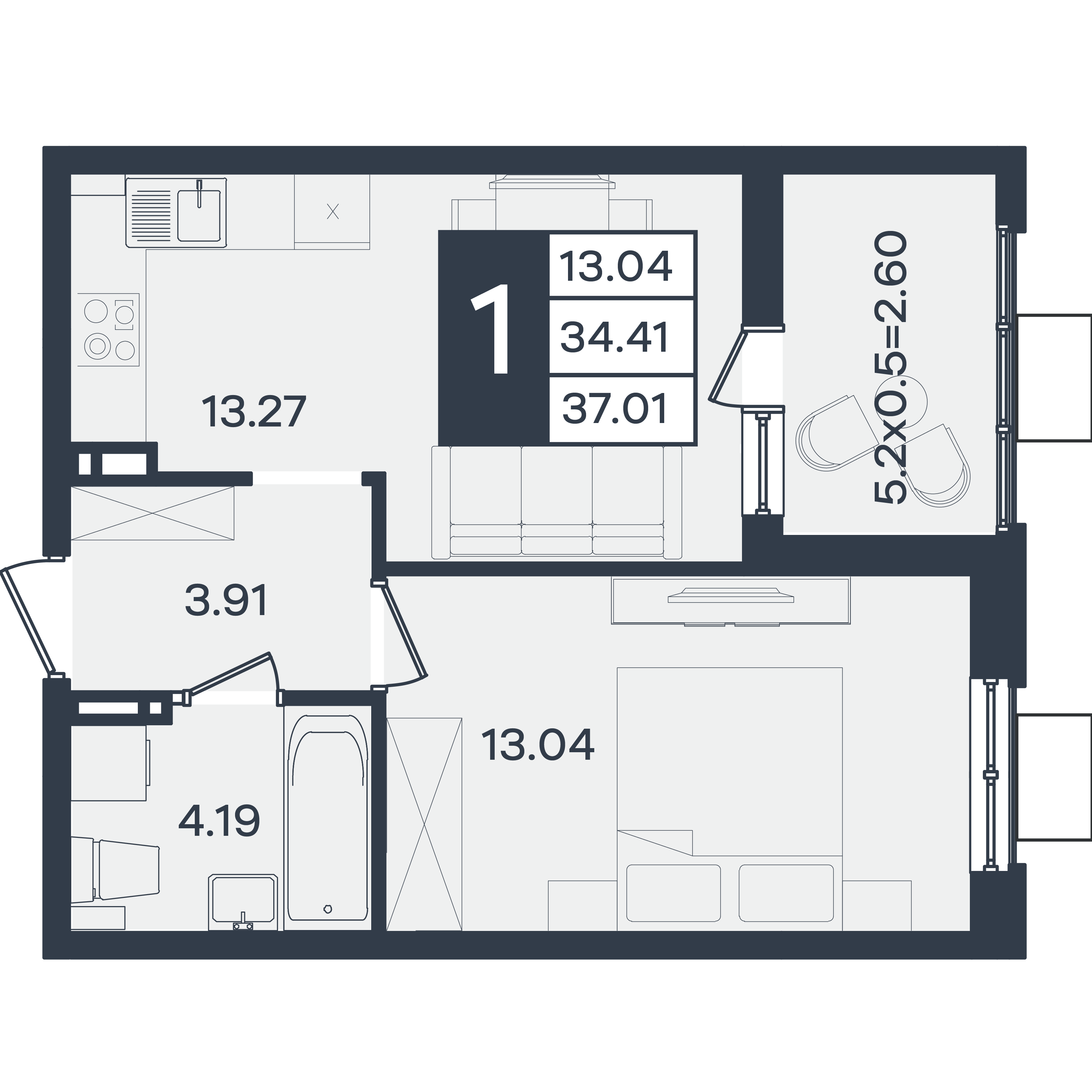 Планировка 1-комнатная 37,01 м²