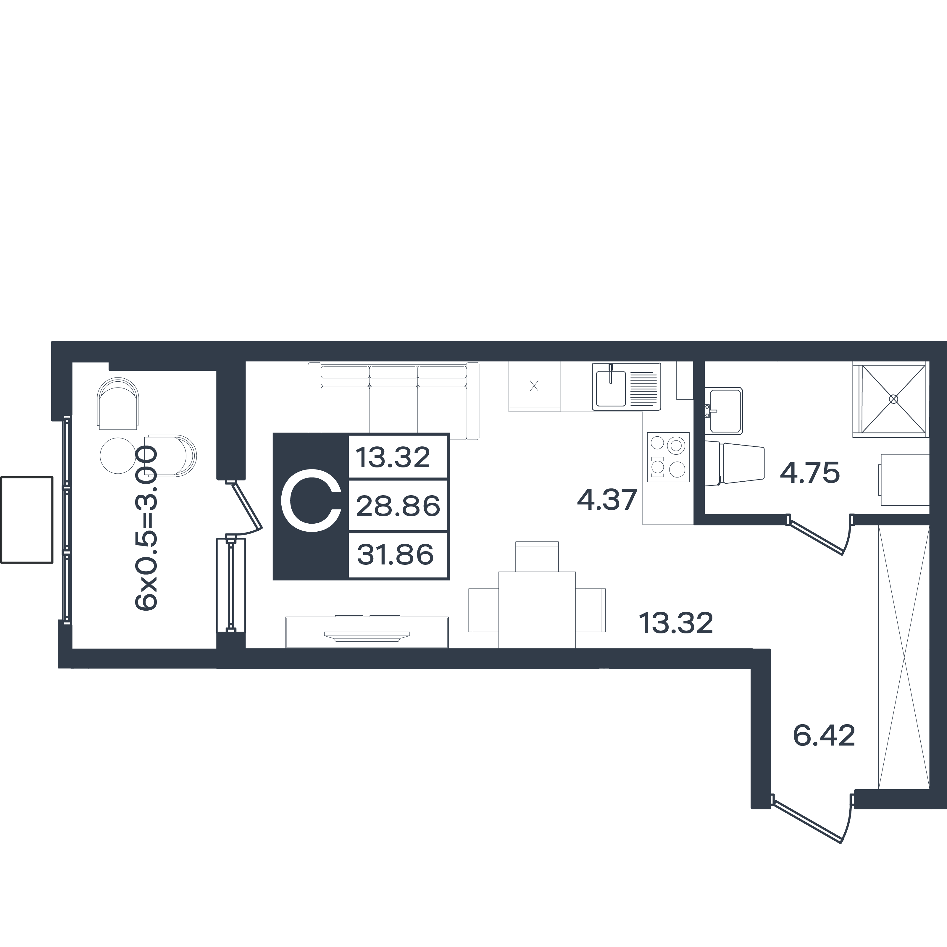 Планировка: Студия 31,9 м²