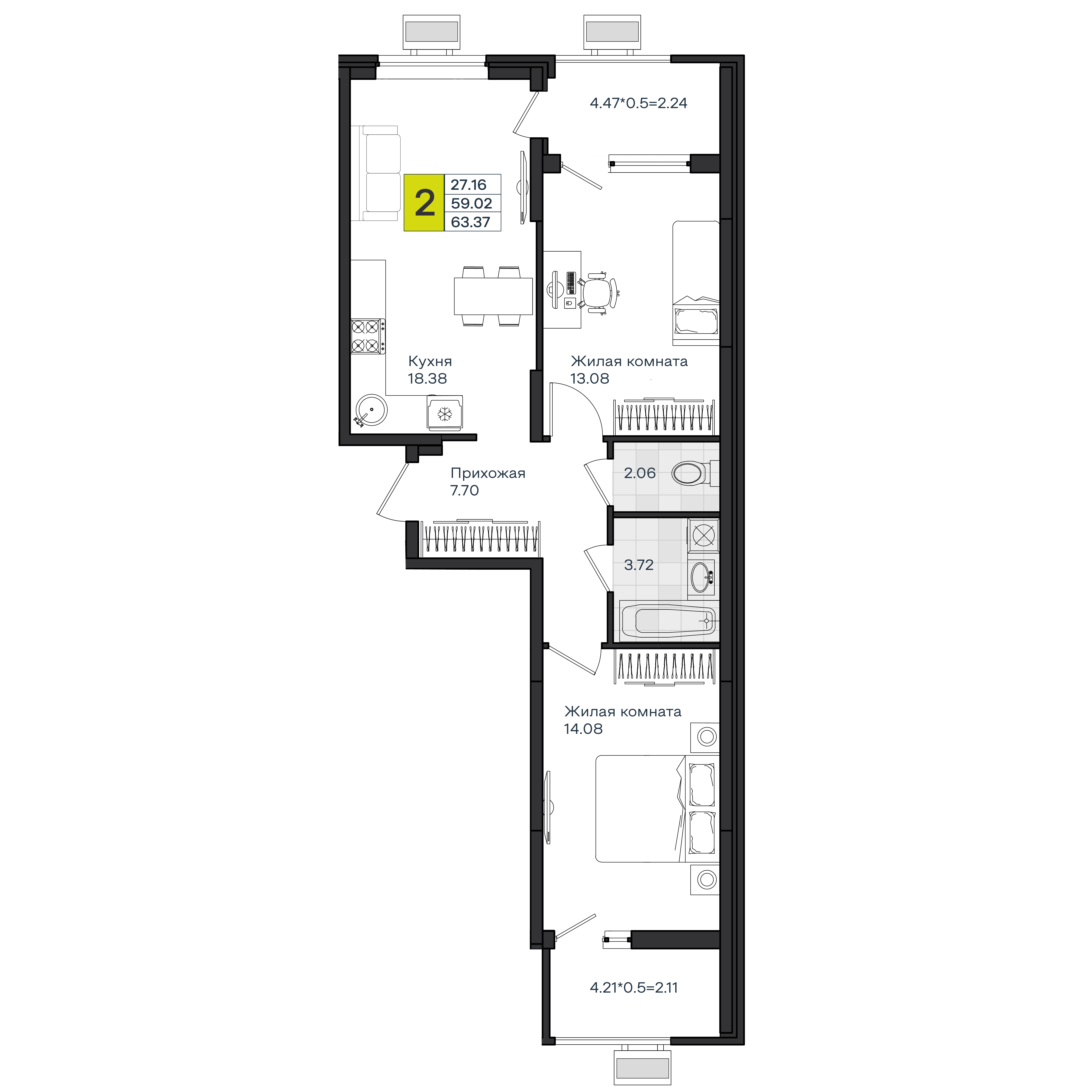 Планировка 2-комнатная 63,37 м²
