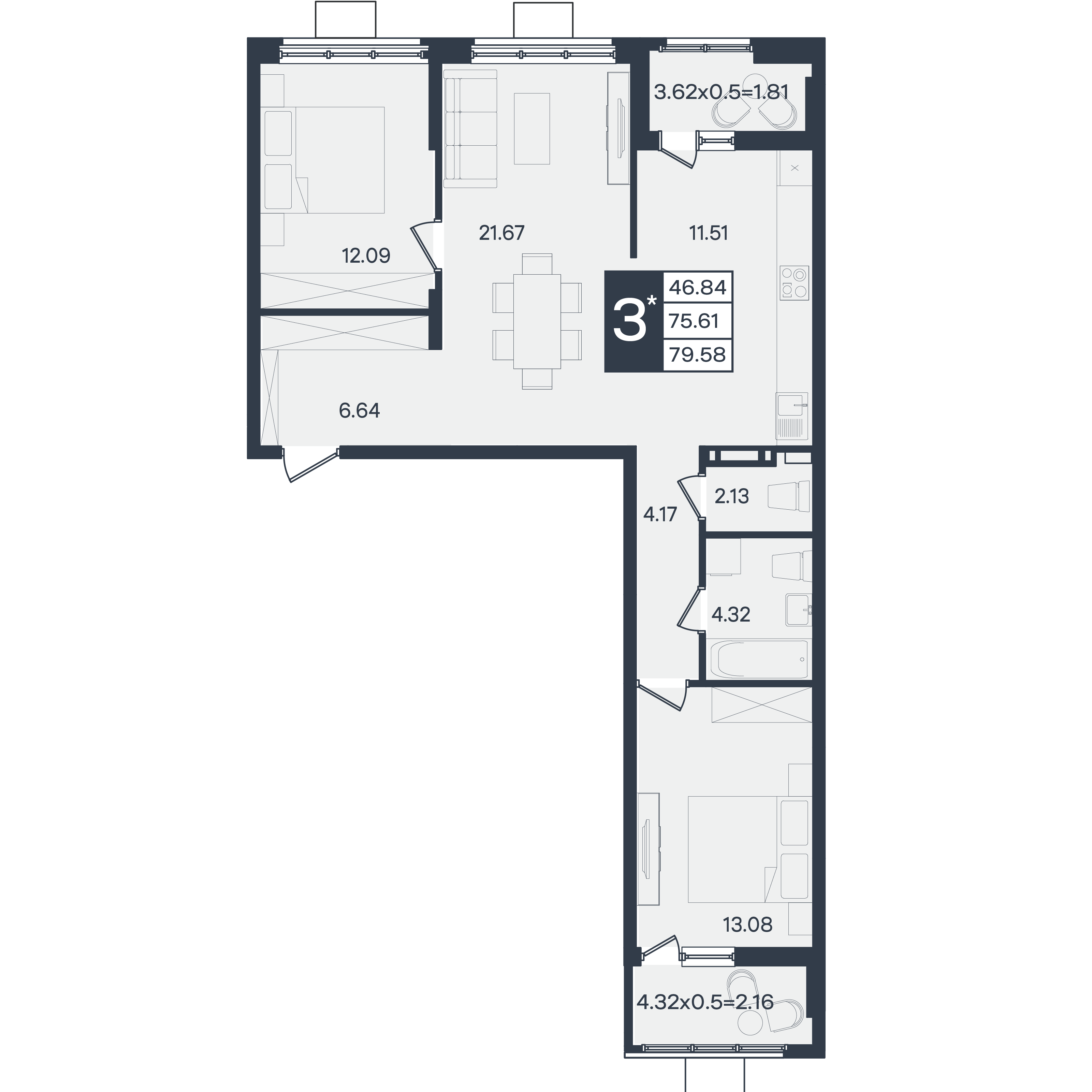 Планировка: 3-комн. квартира 79,6 м²