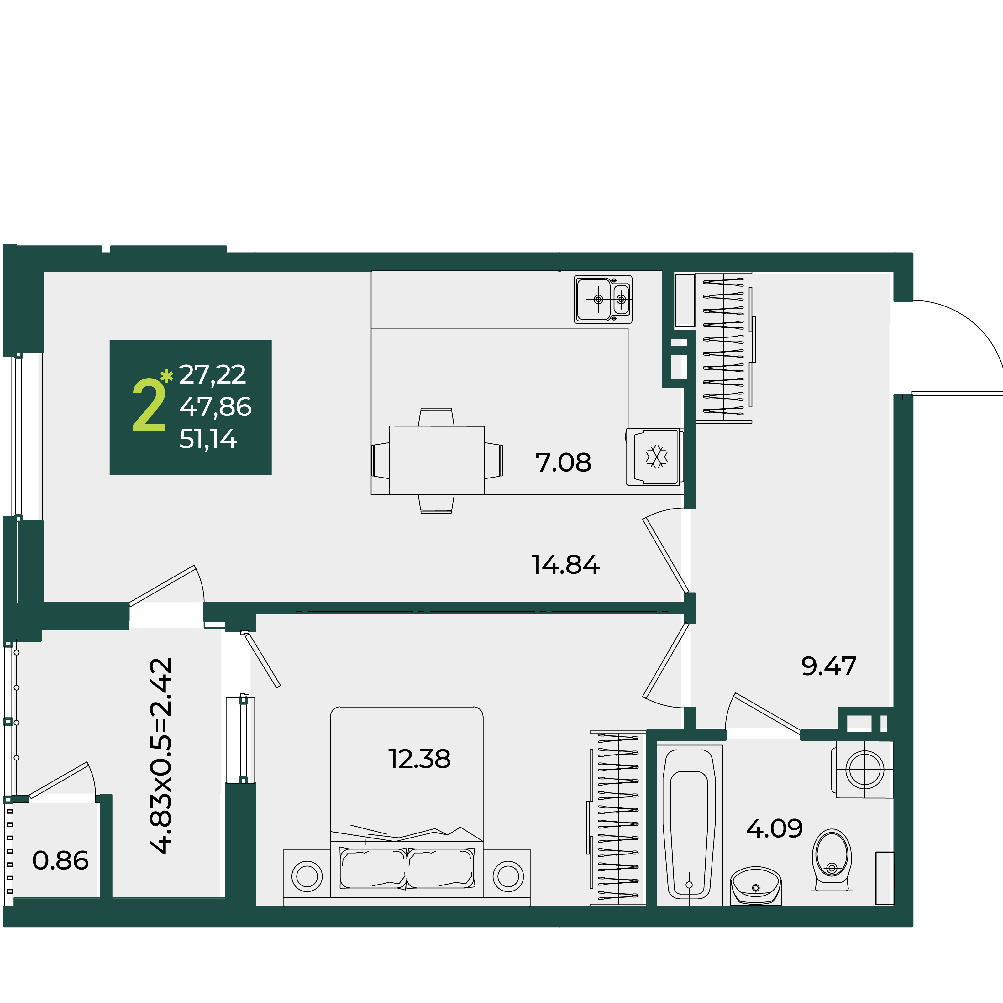 Планировка 2-комнатная 51,14 м²