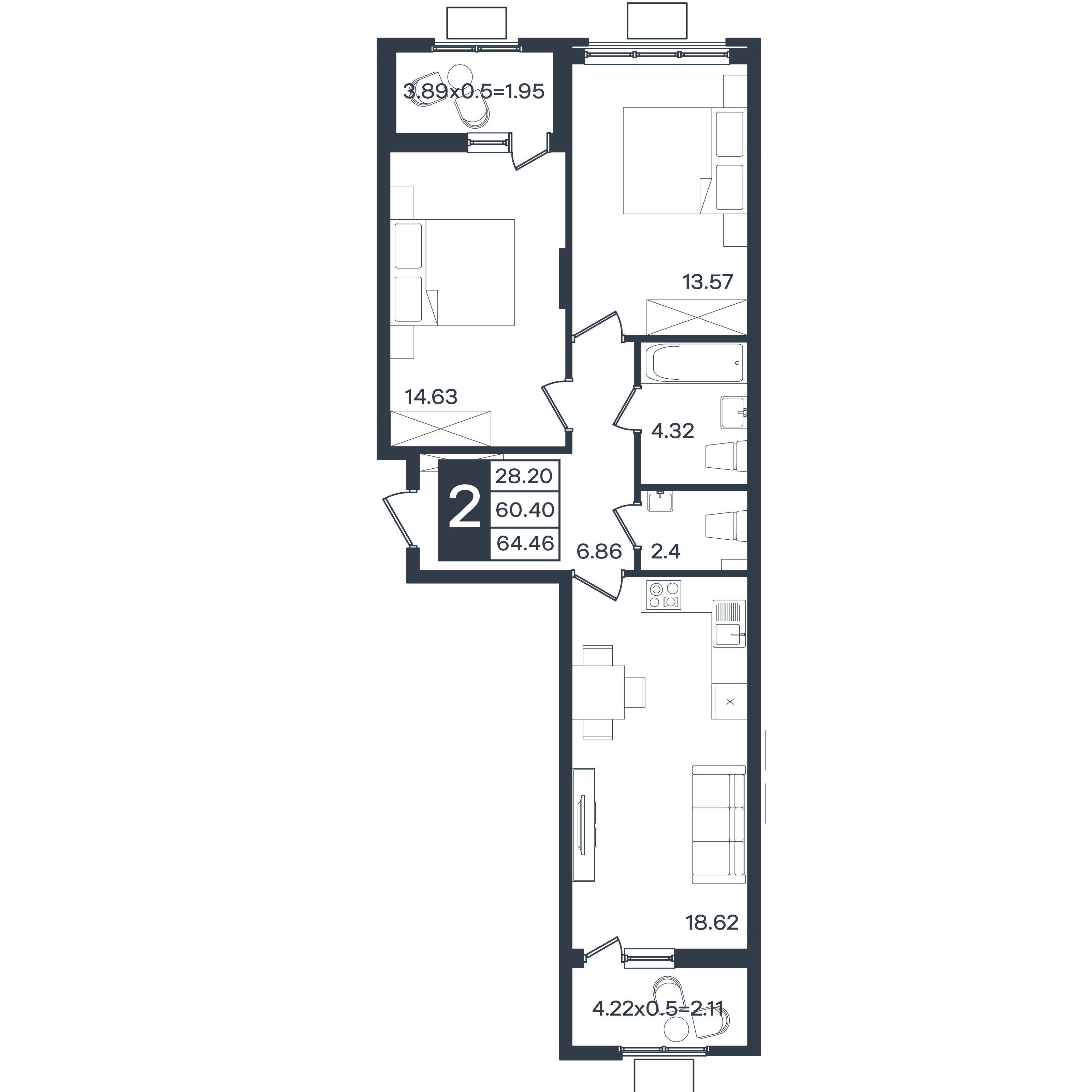 Планировка: 2-комн. квартира 64,5 м²