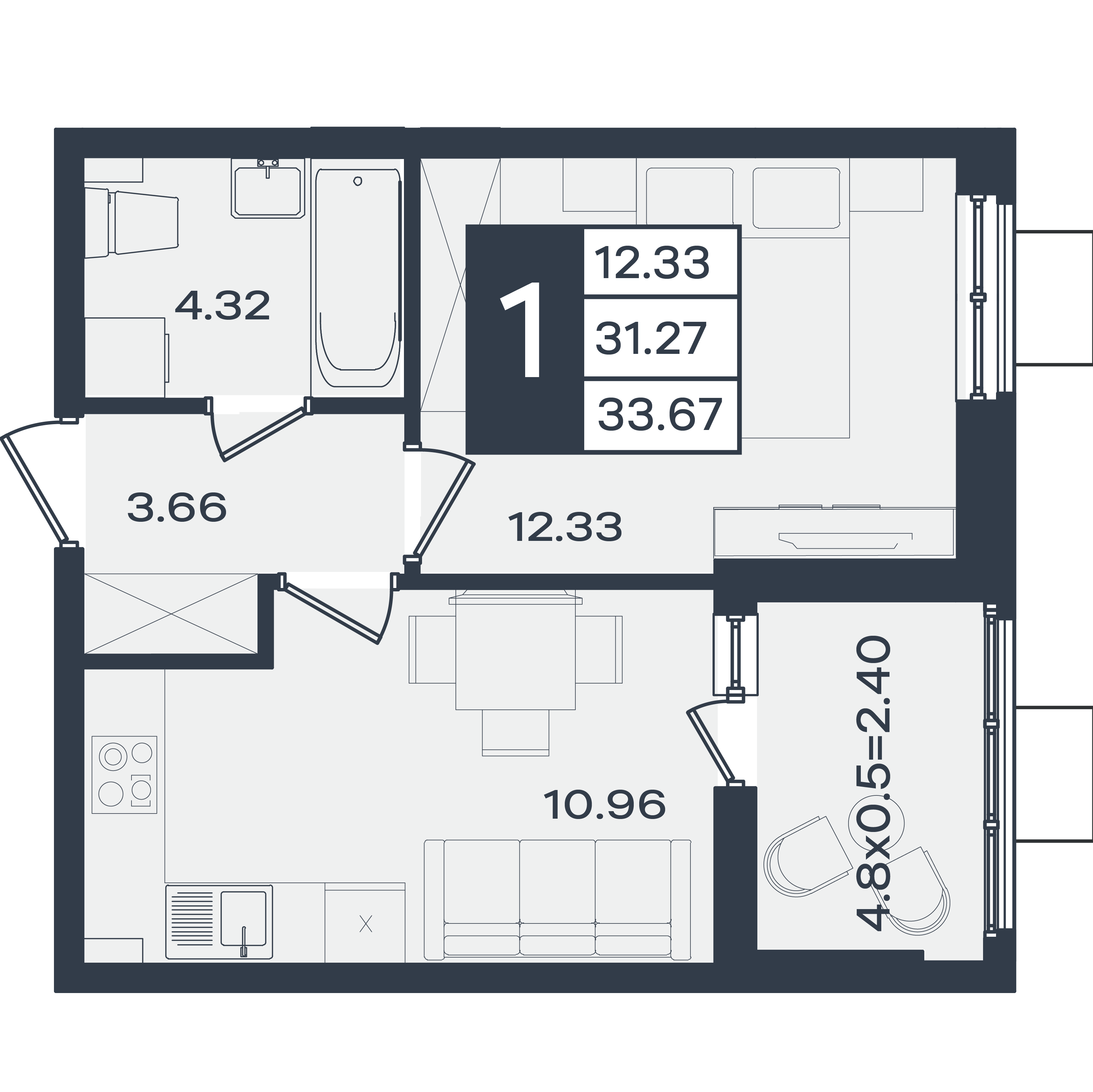 Планировка: 1-комн. квартира 33,7 м²