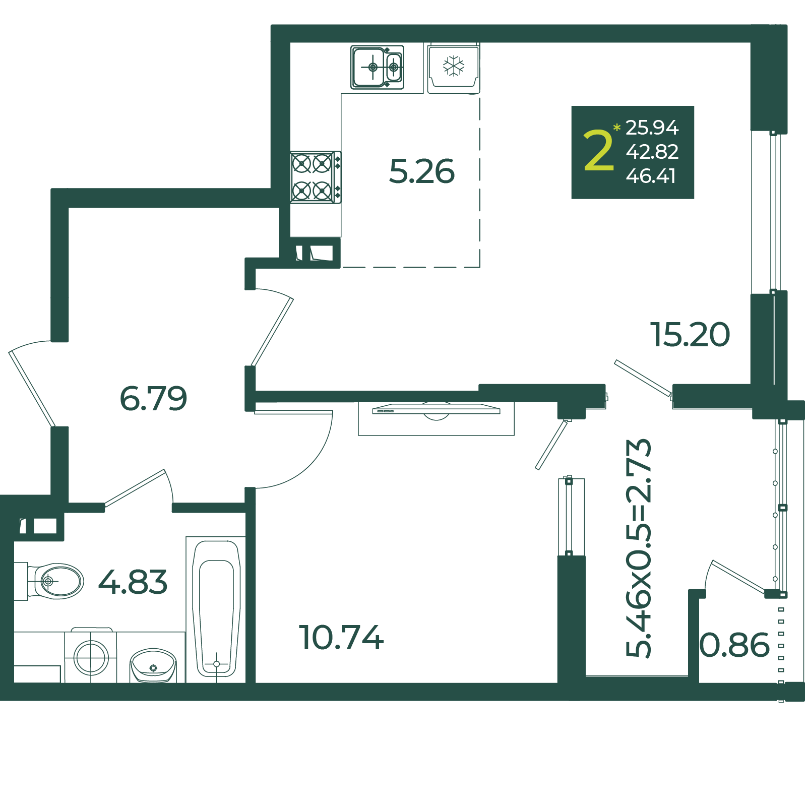 Планировка 2-комнатная 46,41 м²