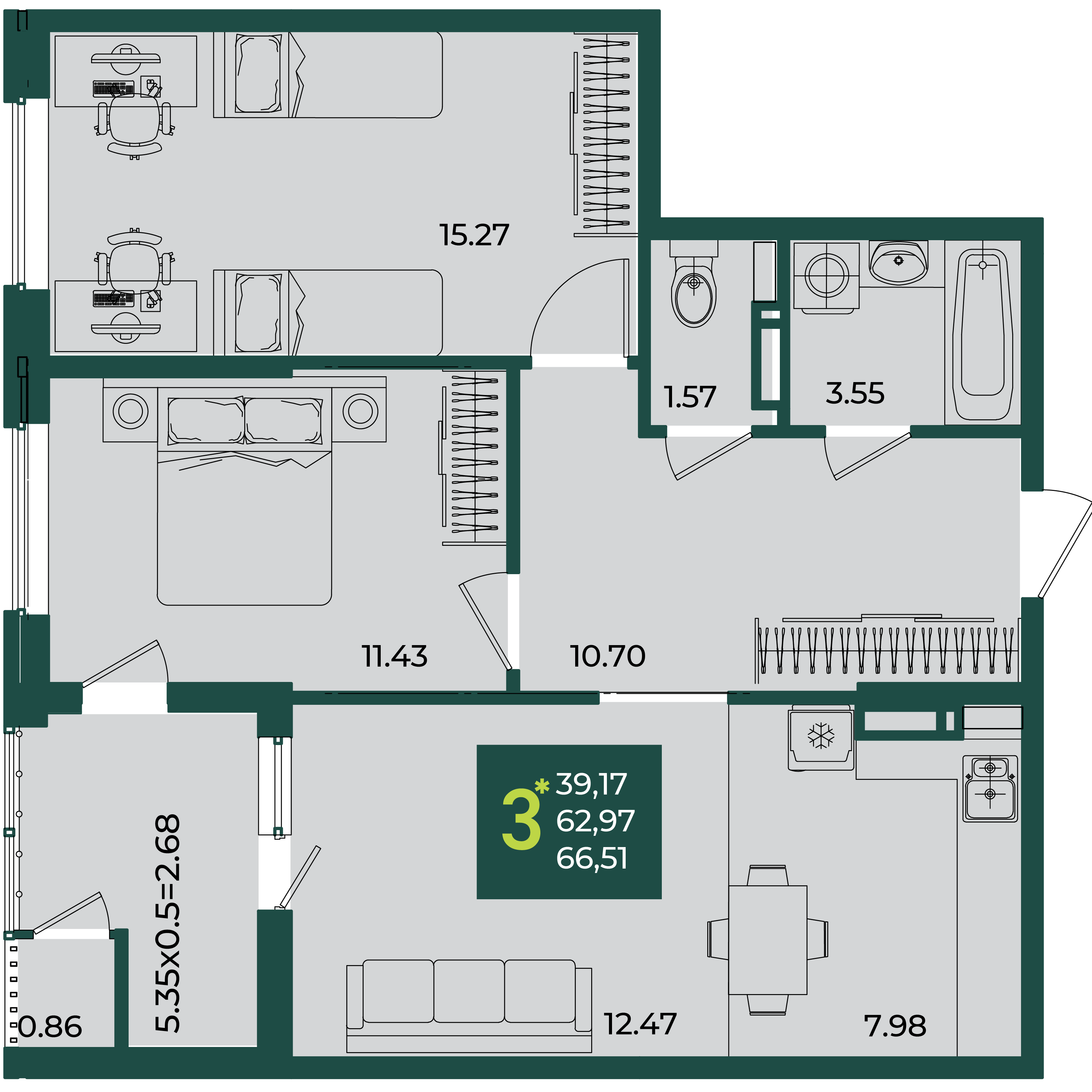 Планировка 3-комнатная 66,51 м²
