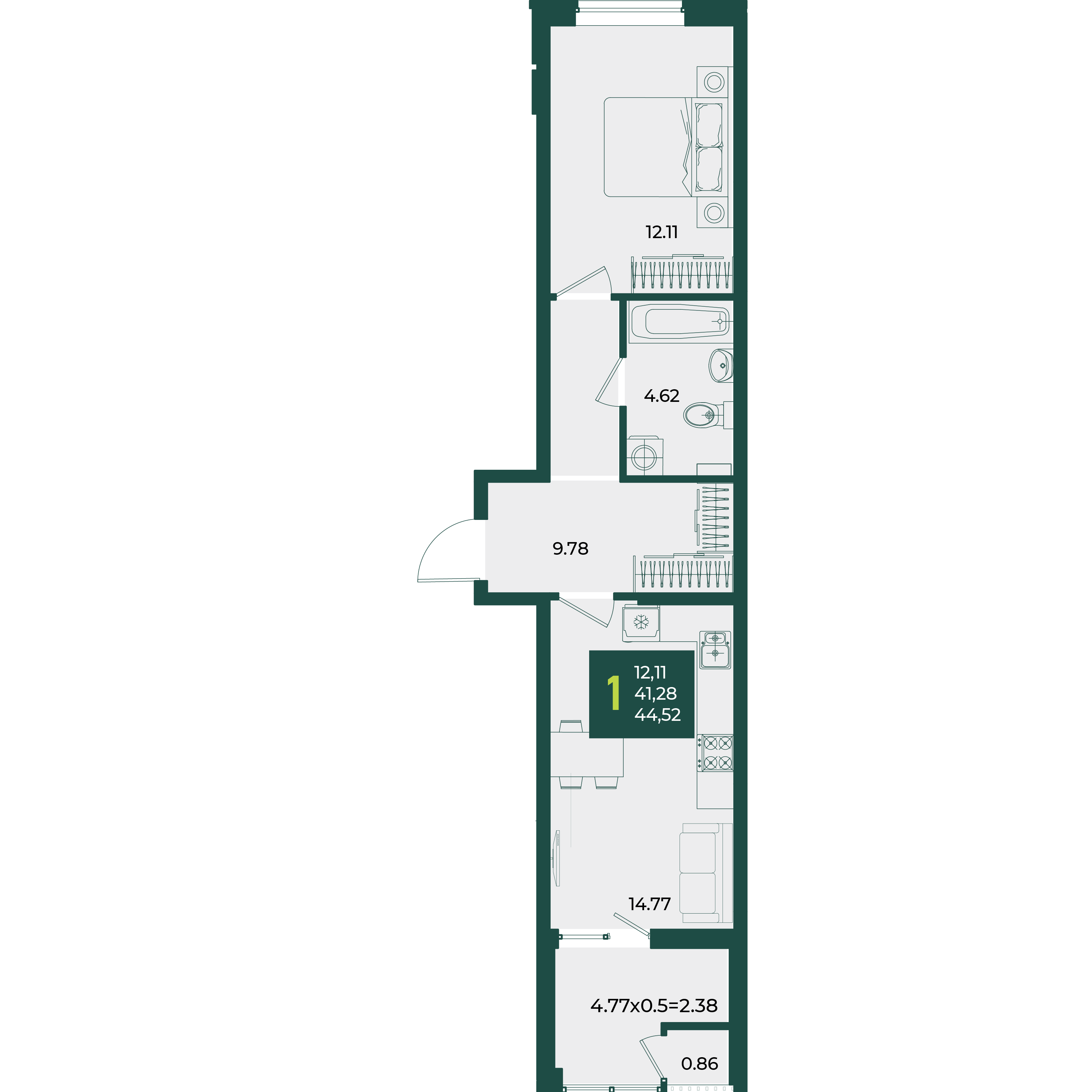 Планировка 1-комнатная 44,52 м²