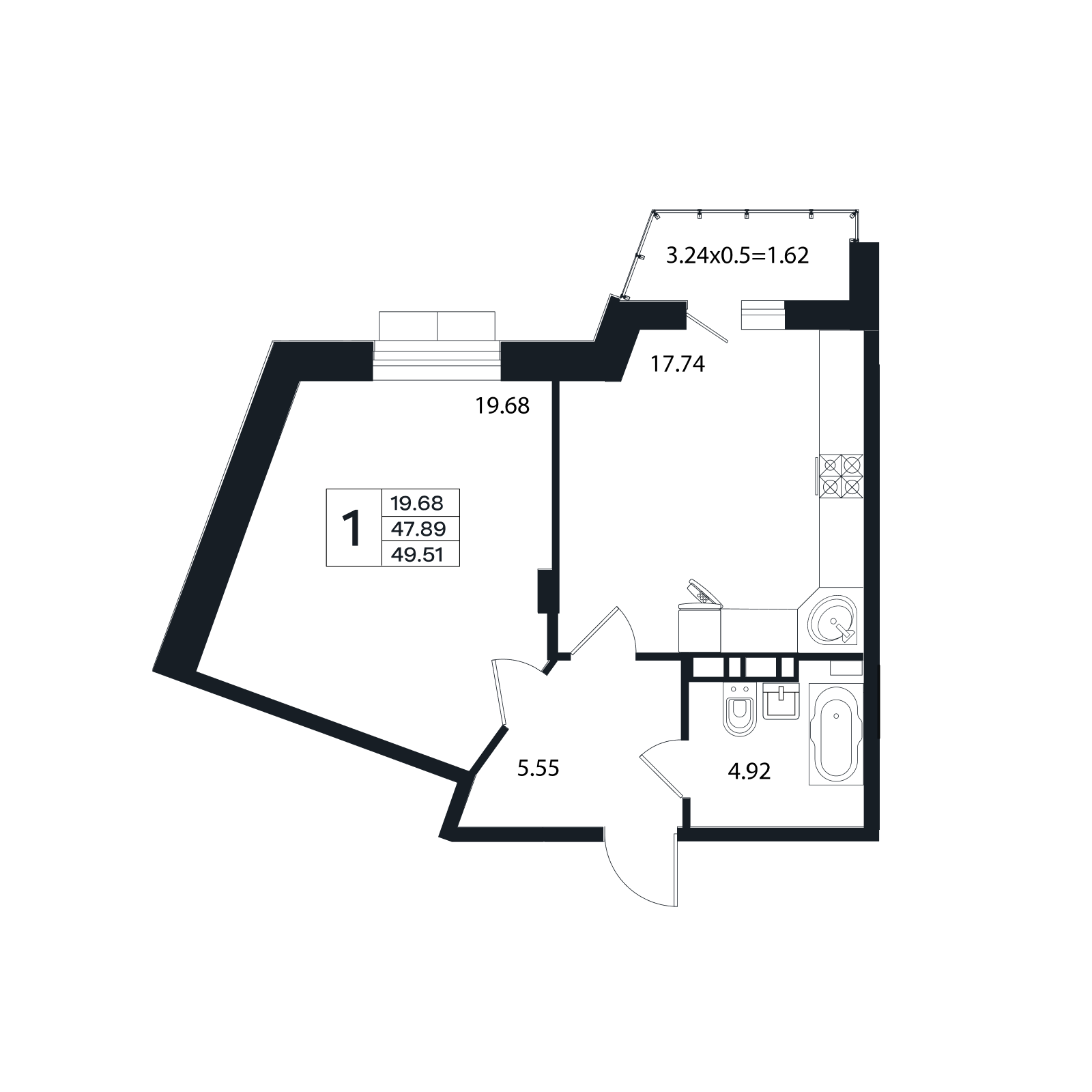 Планировка: 1-комн. квартира 49,5 м²
