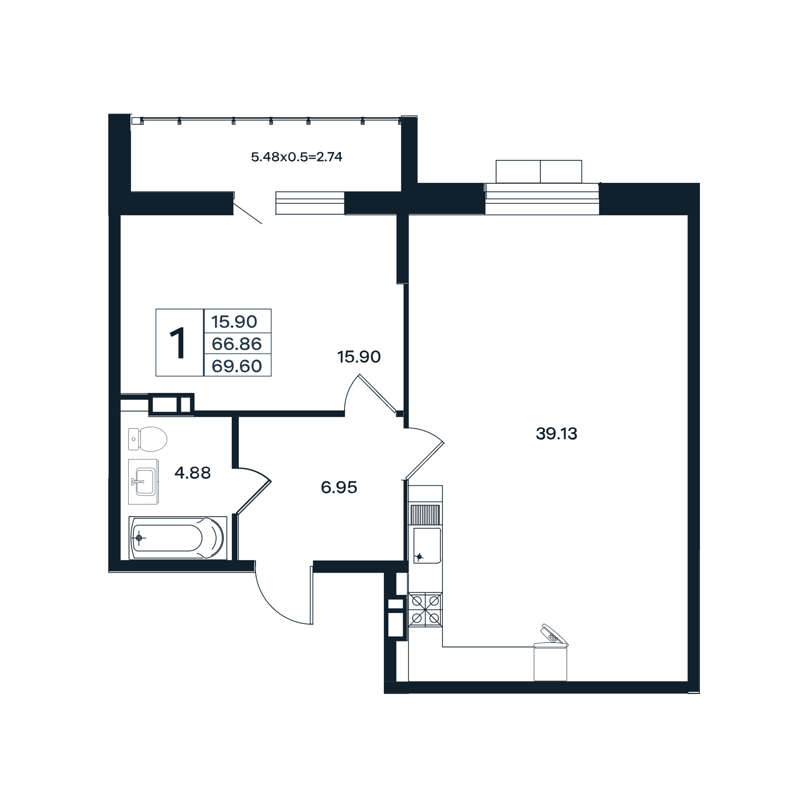 Планировка 1-комнатная 69,6 м²