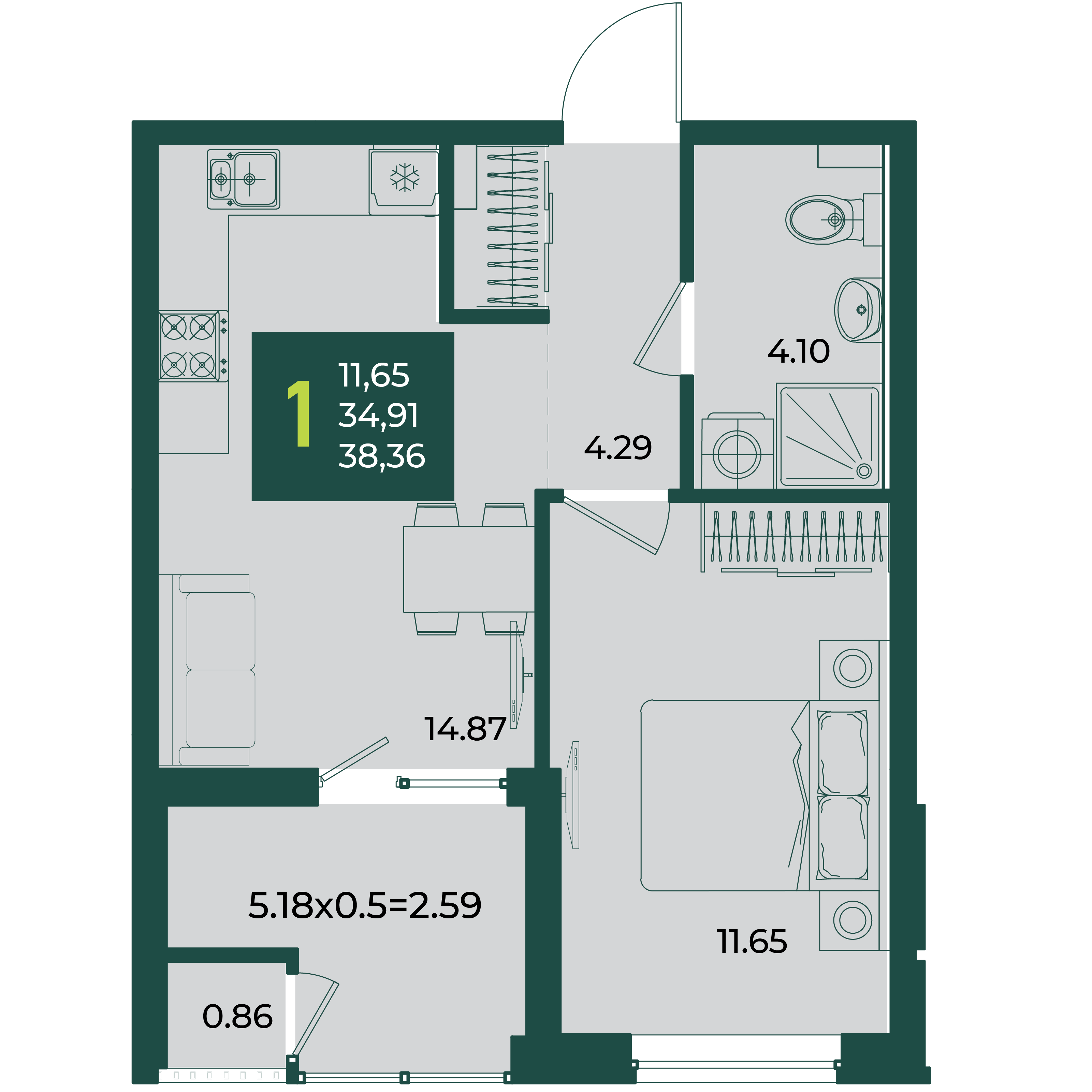 Планировка: 1-комн. квартира 38,4 м²