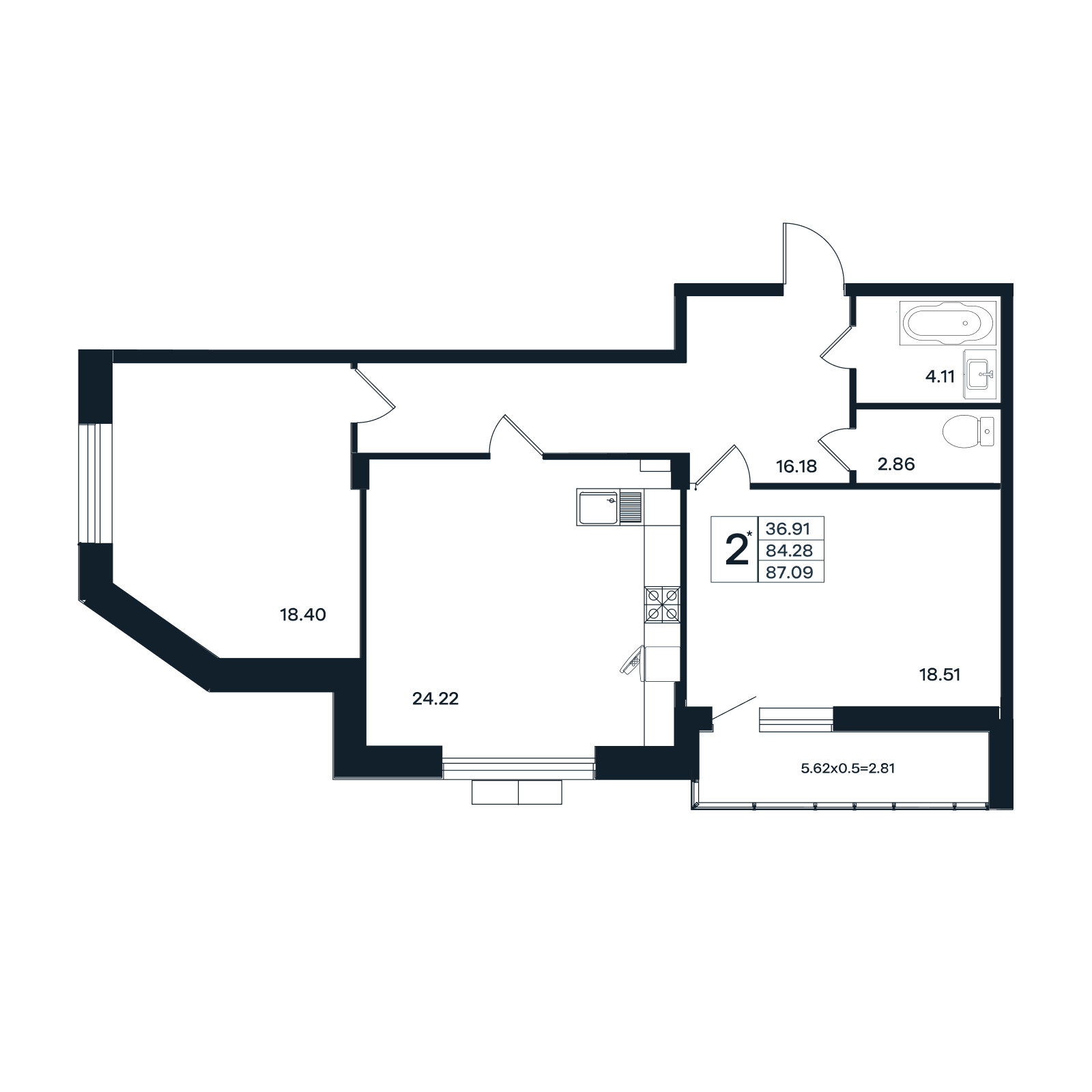 Планировка 2-комнатная 87,09 м²