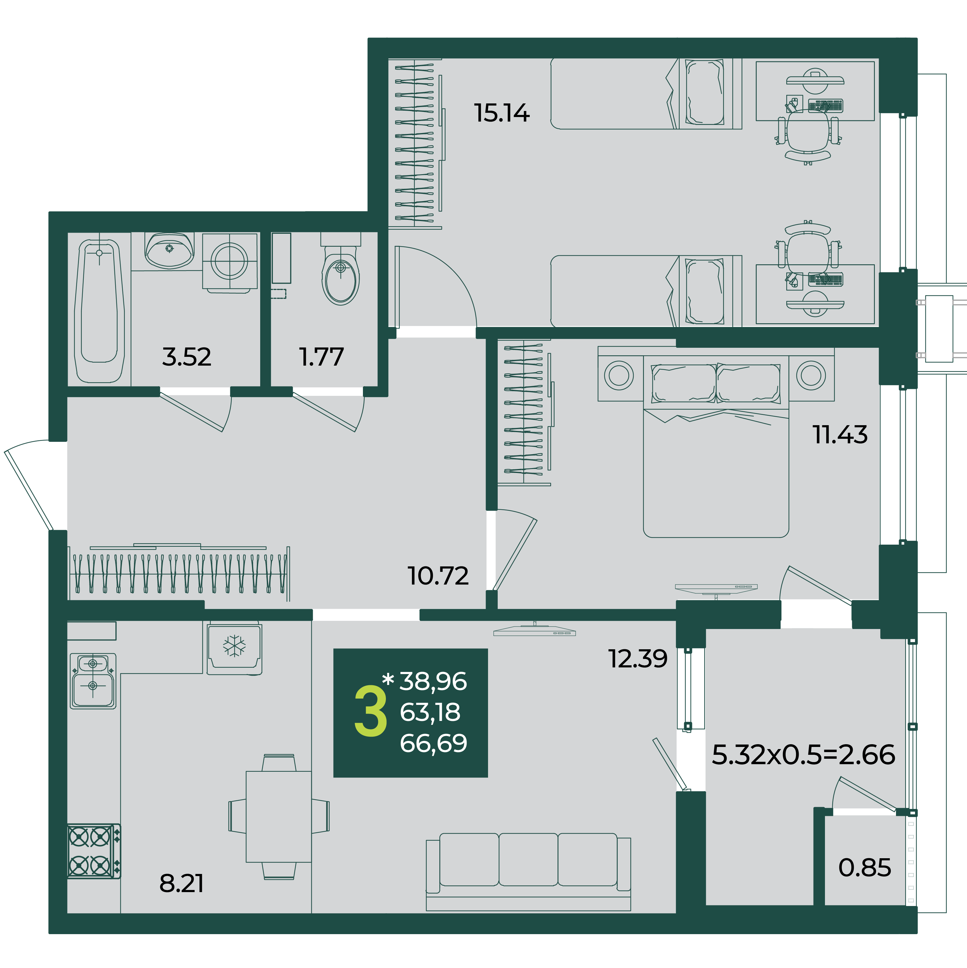 Планировка: 3-комн. квартира 66,7 м²