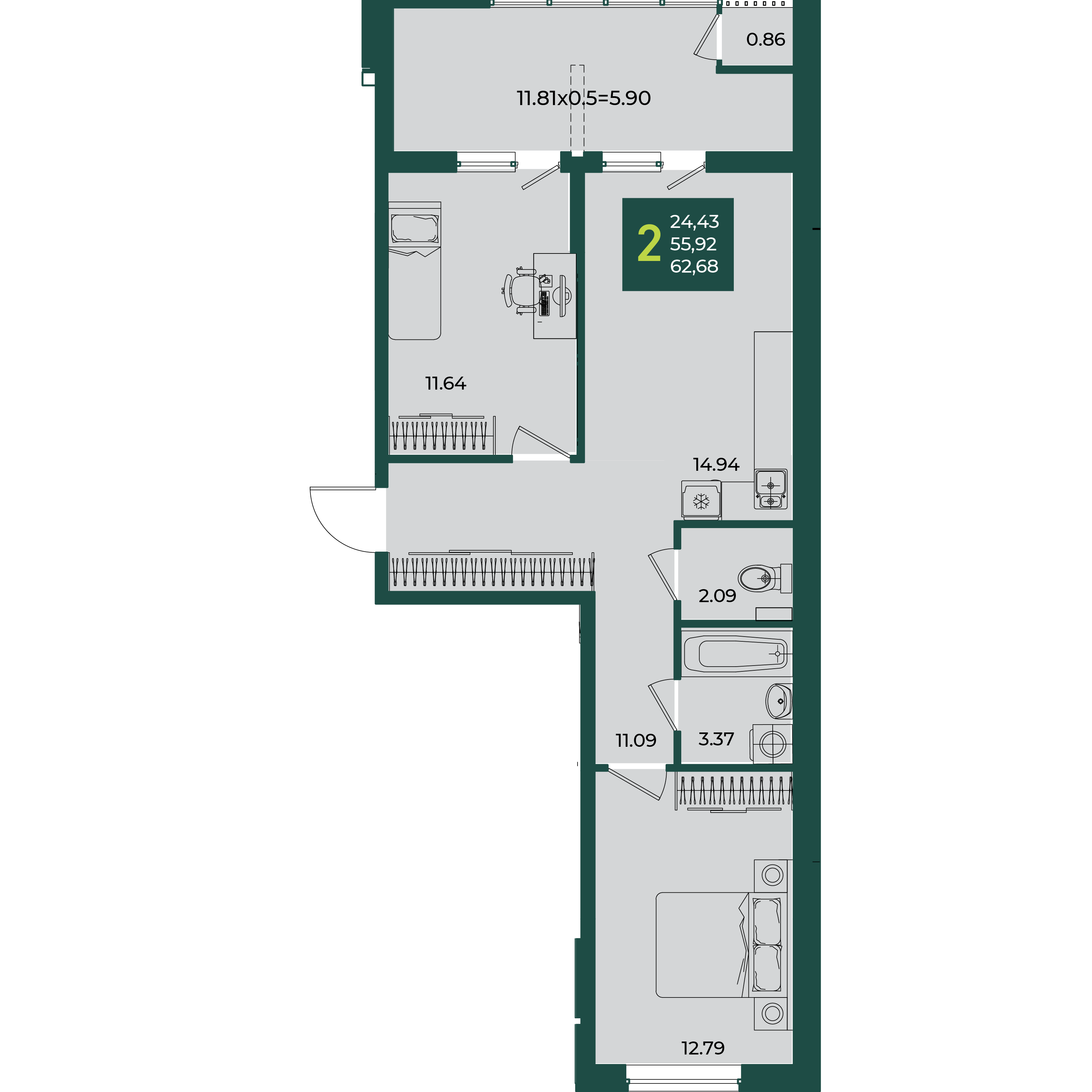 Планировка: 2-комн. квартира 62,7 м²