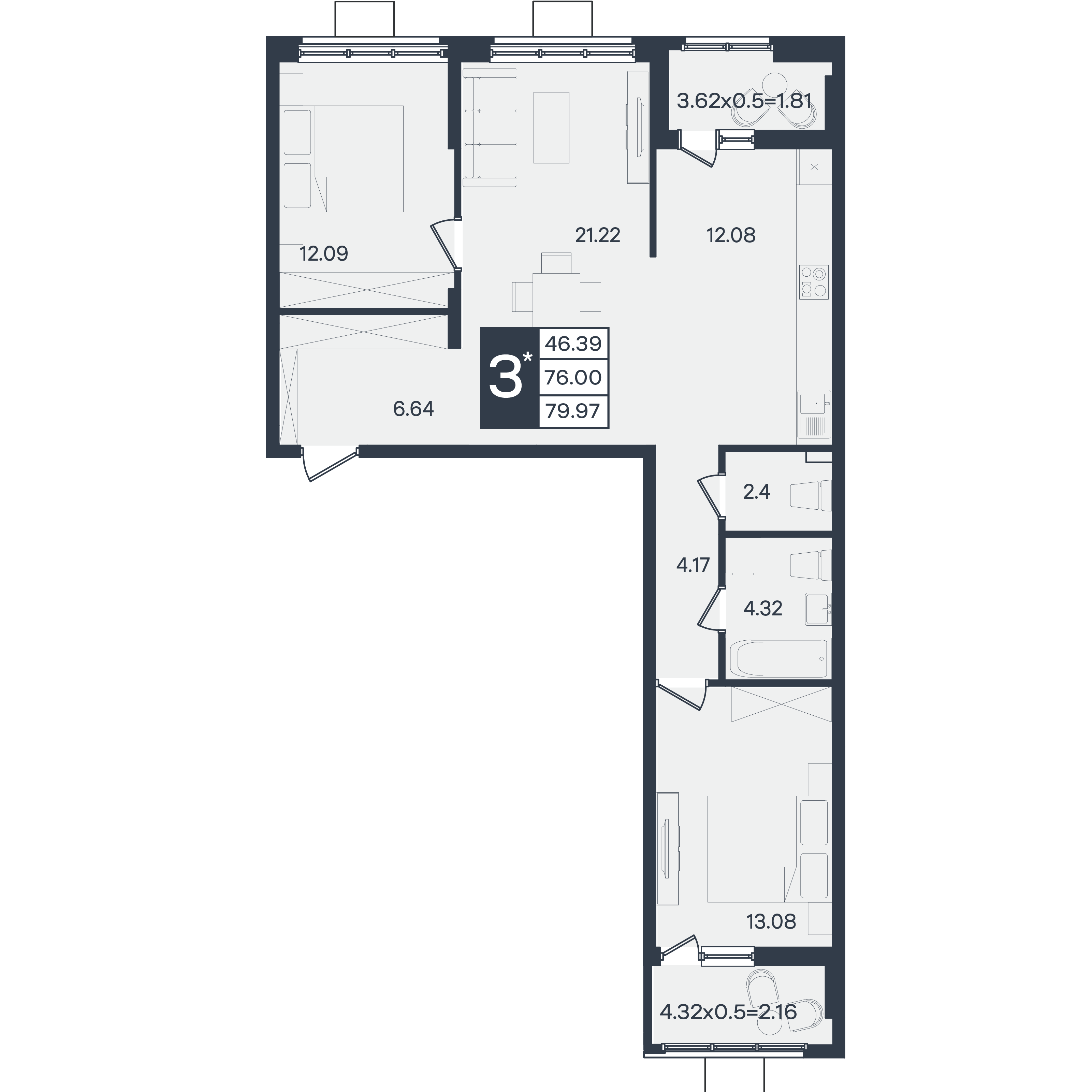 Планировка: 3-комн. квартира 80 м²