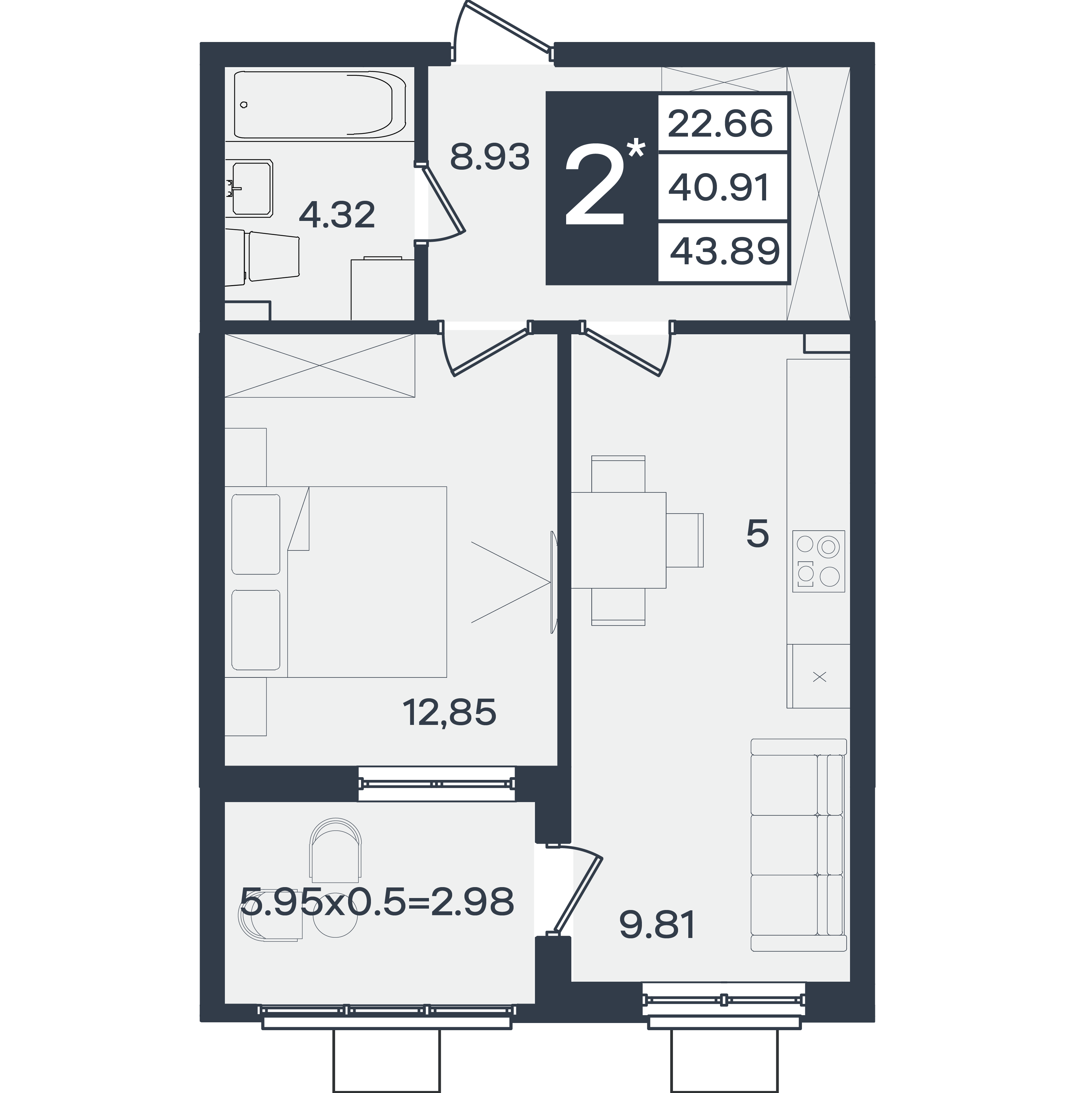 Планировка: 2-комн. квартира 43,9 м²