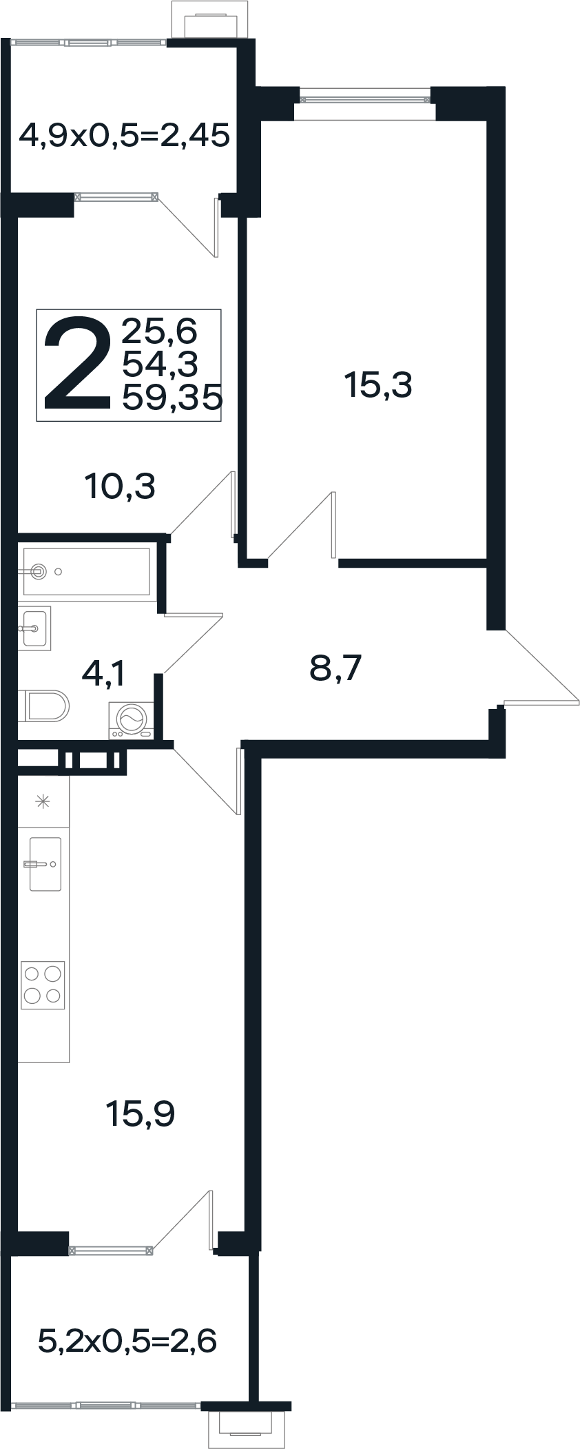 Планировка: 2-комн. квартира 59,4 м²