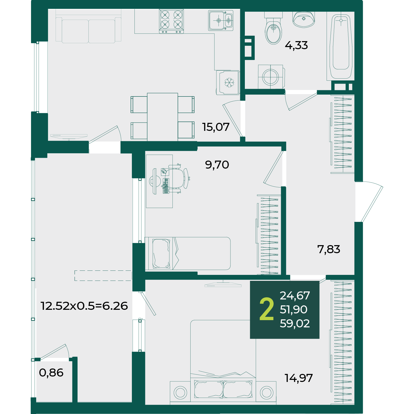 Планировка: 2-комн. квартира 59 м²
