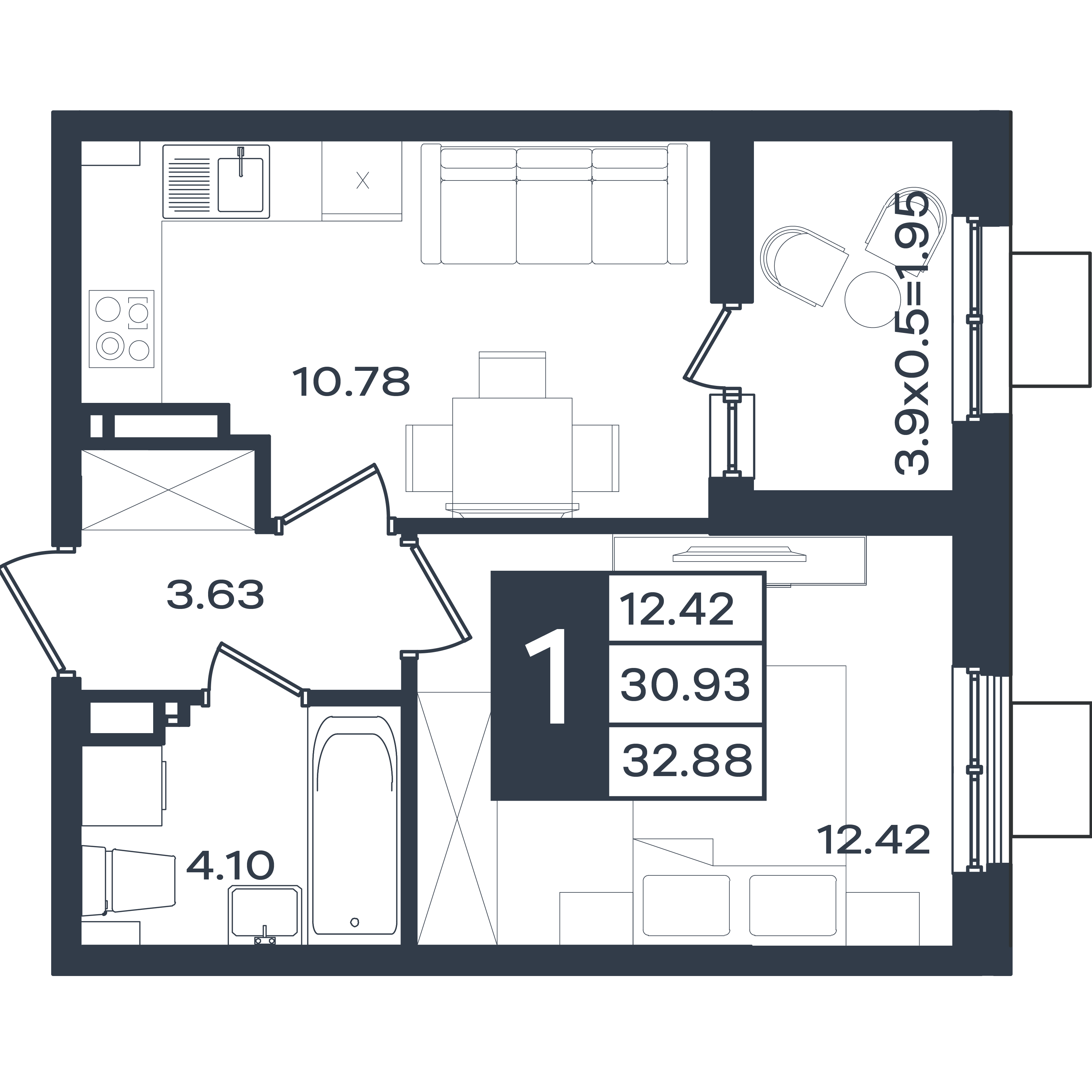 Планировка: 1-комн. квартира 32,9 м²