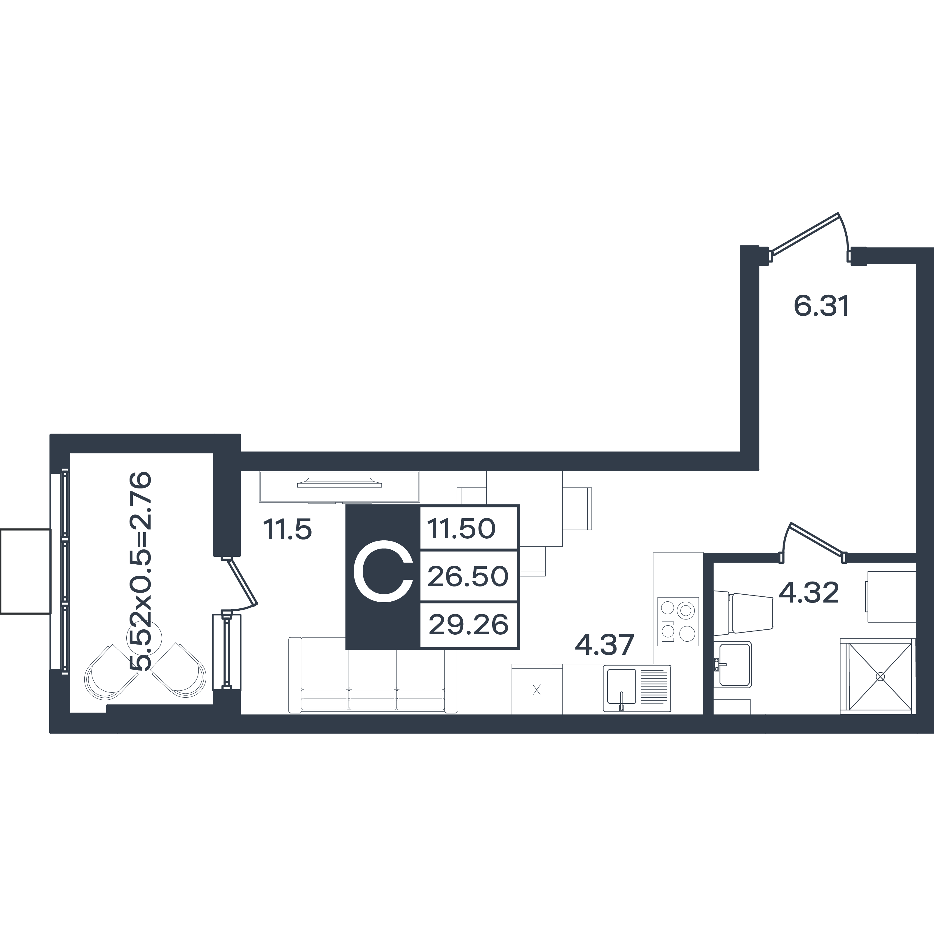 Планировка: Студия 29,3 м²