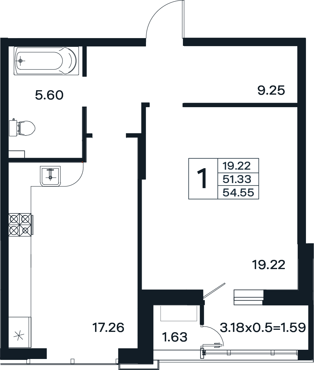 Планировка 1-комнатная 54,55 м²