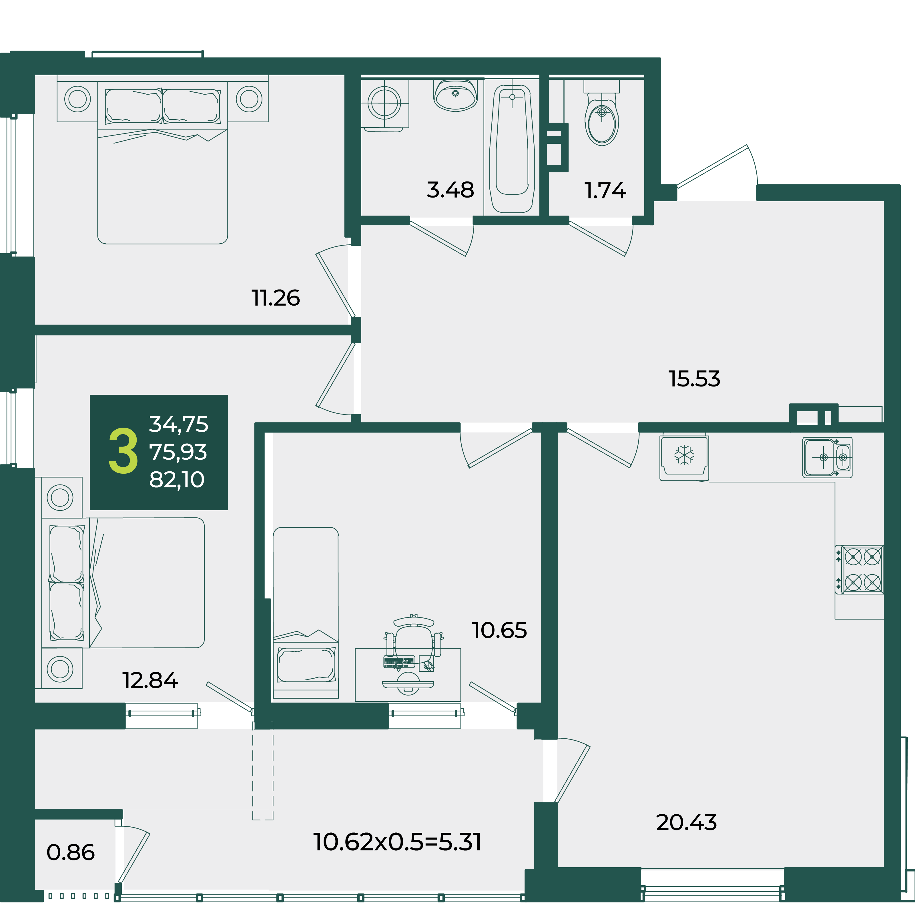 Планировка: 3-комн. квартира 82,1 м²