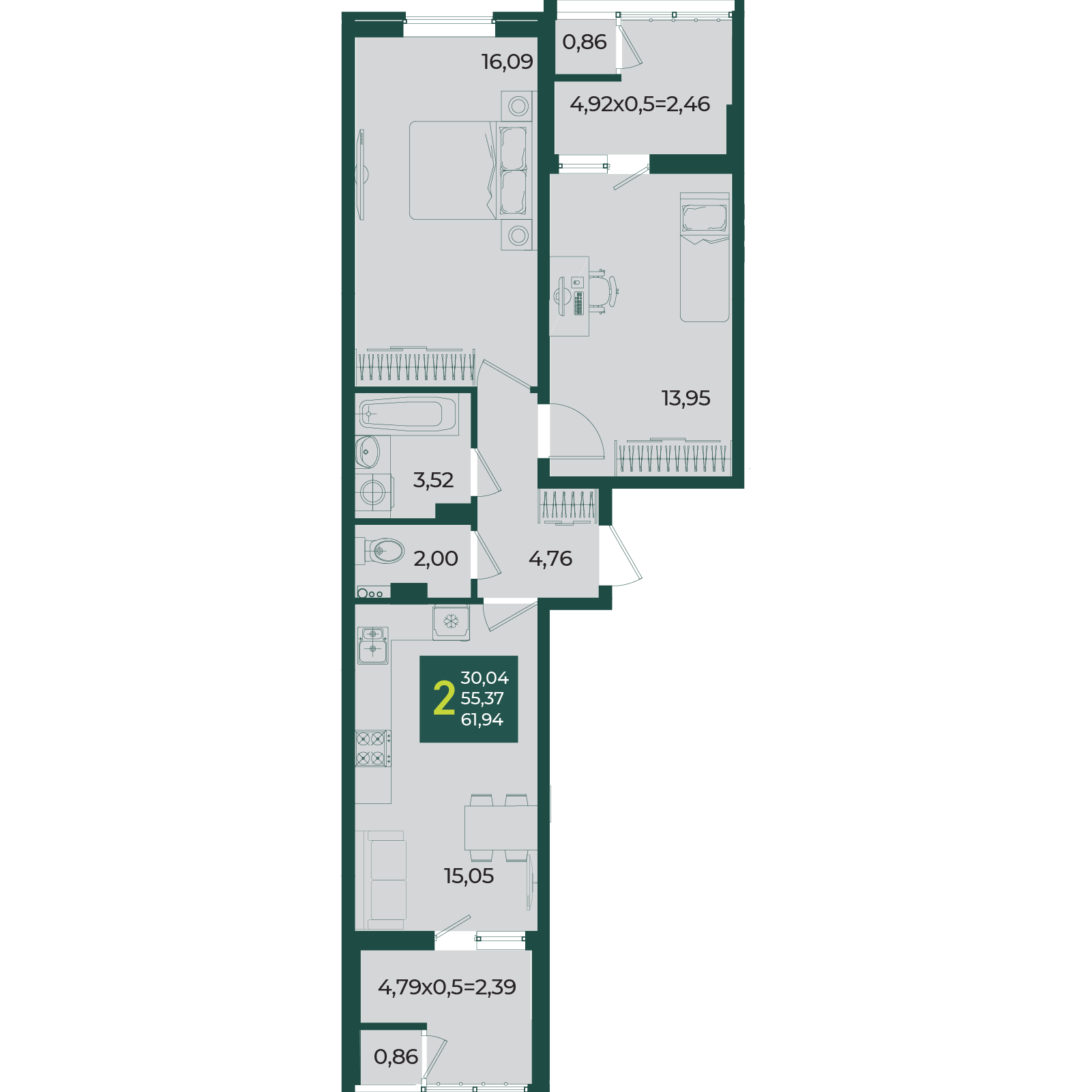 Планировка: 2-комн. квартира 61,9 м²