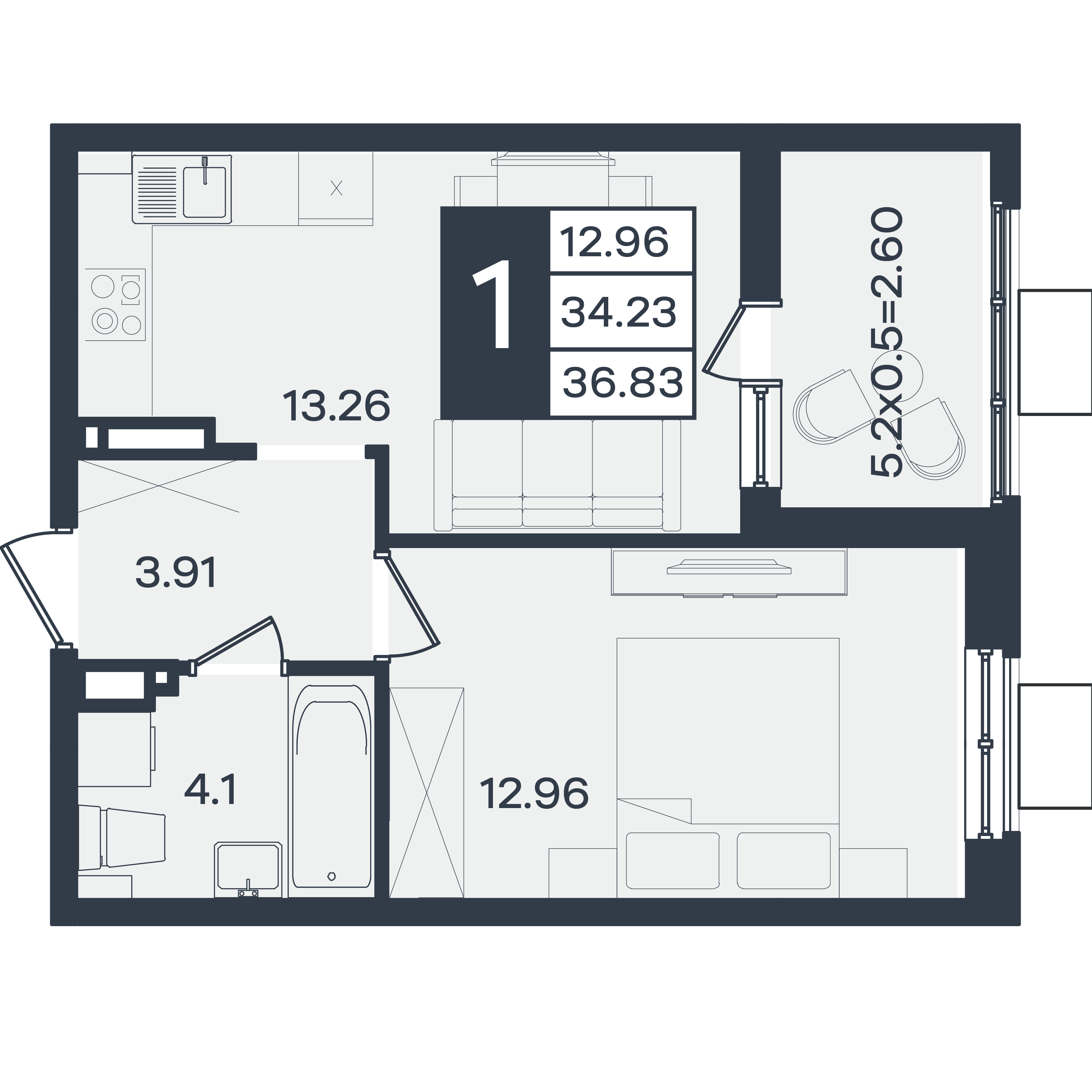 Планировка: 1-комн. квартира 36,8 м²