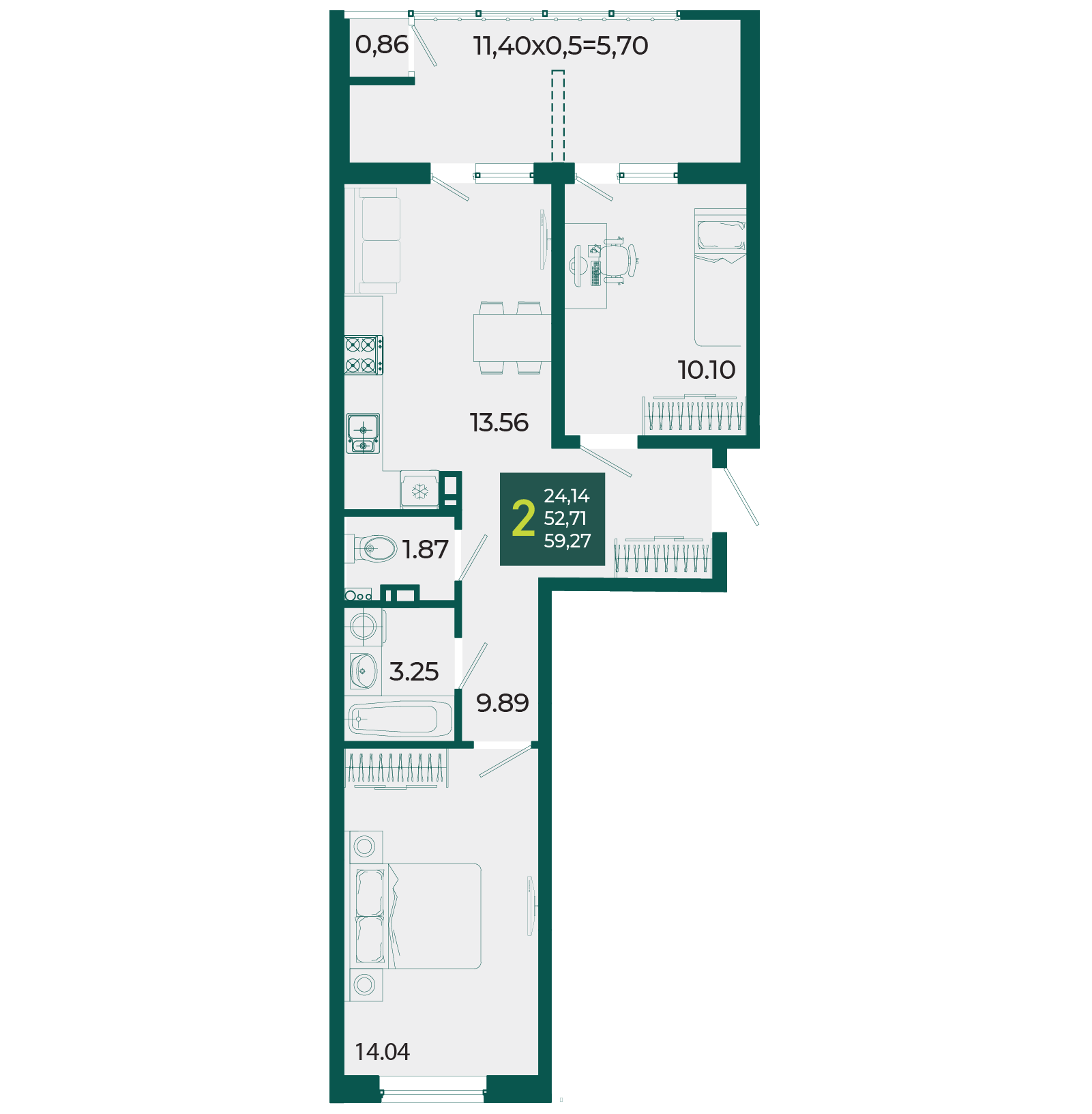 Планировка: 2-комн. квартира 59,3 м²