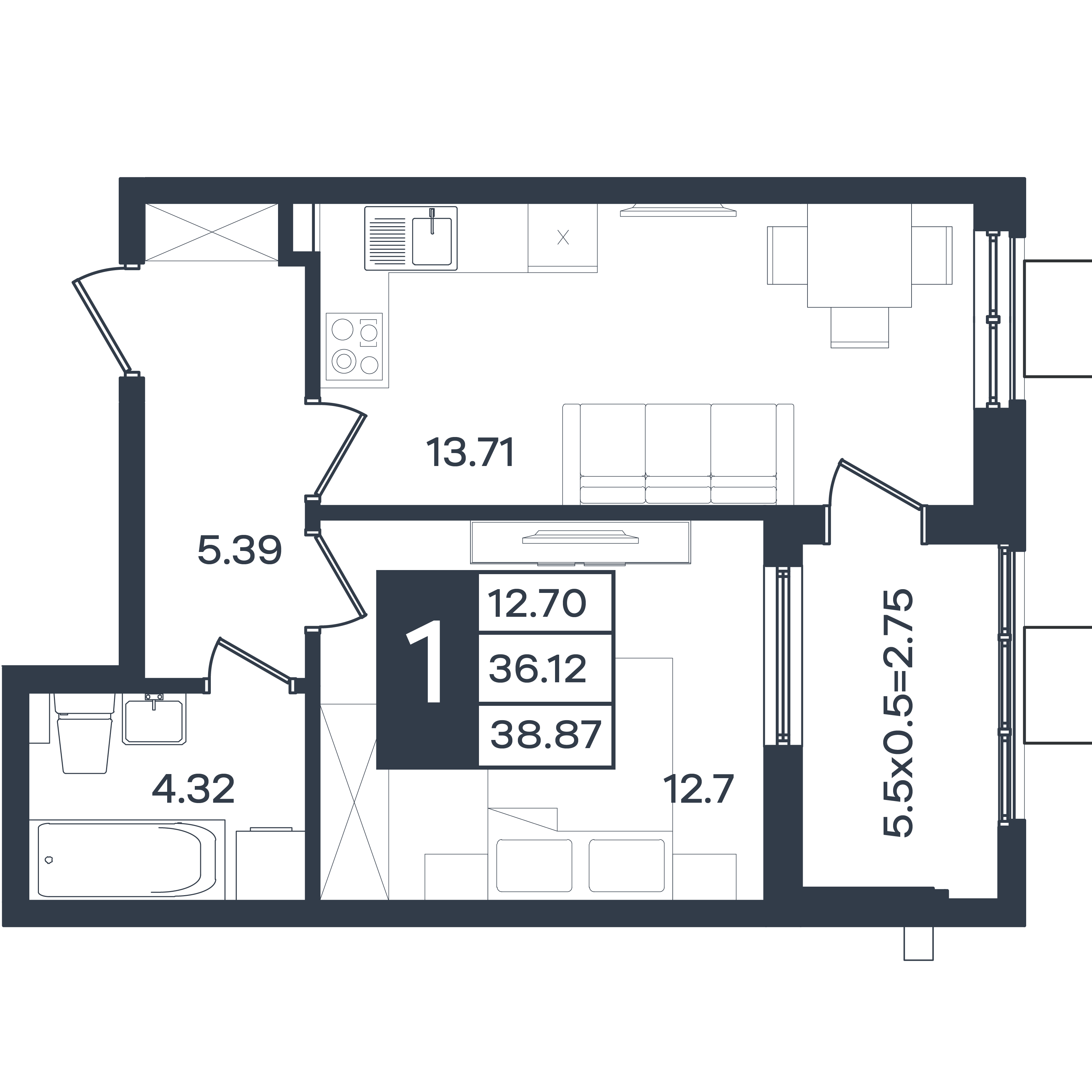 Планировка: 1-комн. квартира 38,9 м²
