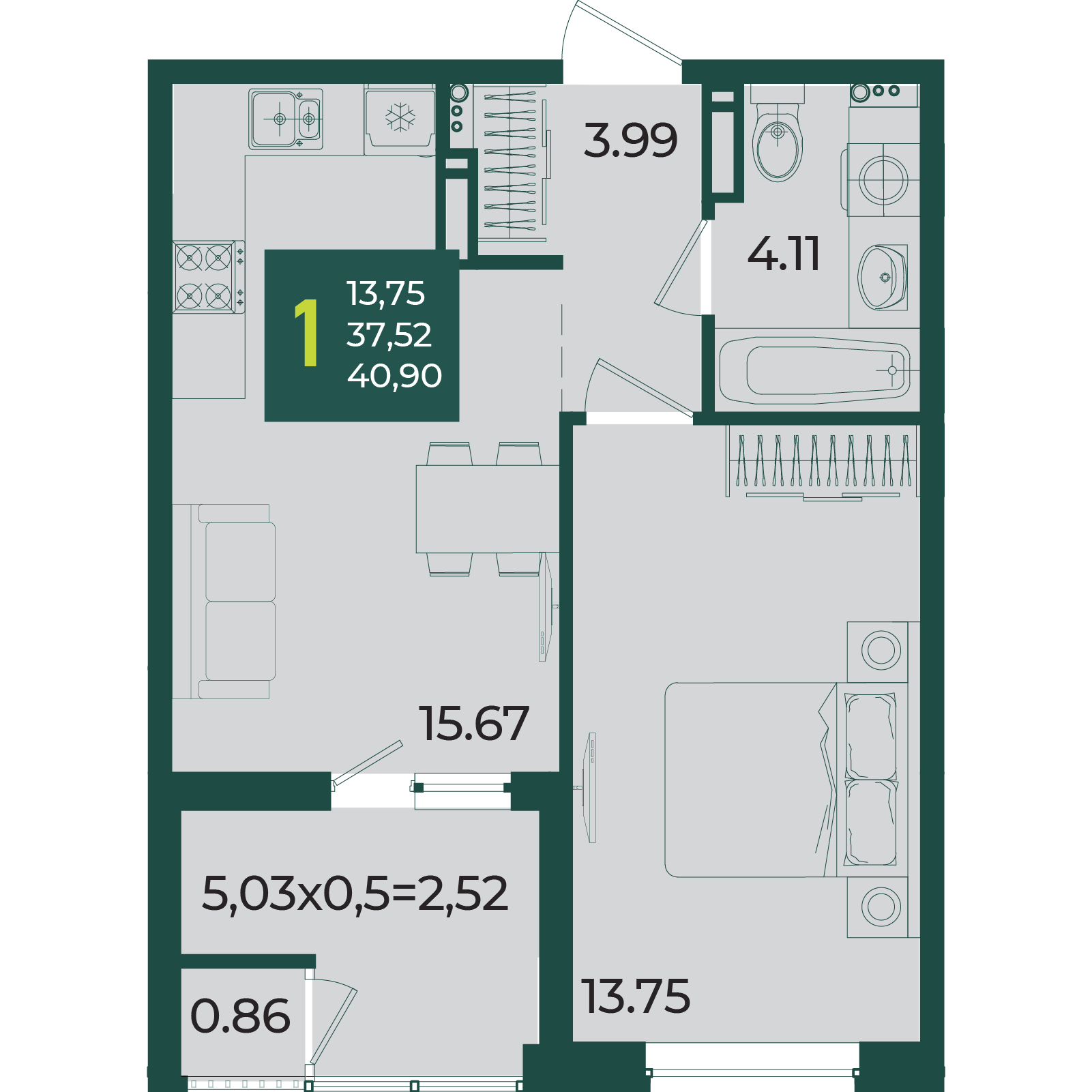 Планировка: 1-комн. квартира 40,9 м²