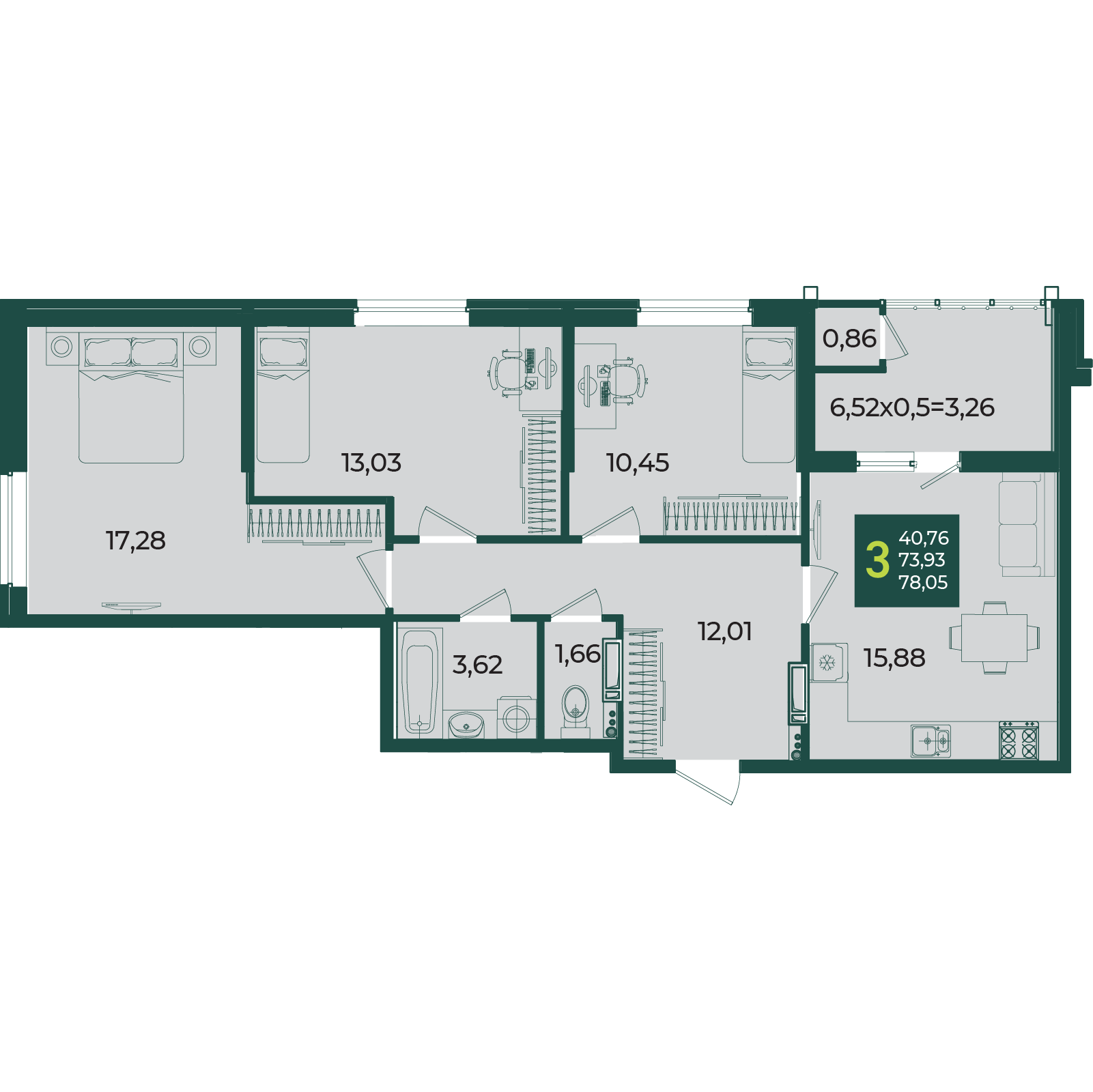 Планировка 3-комнатная 78,05 м²