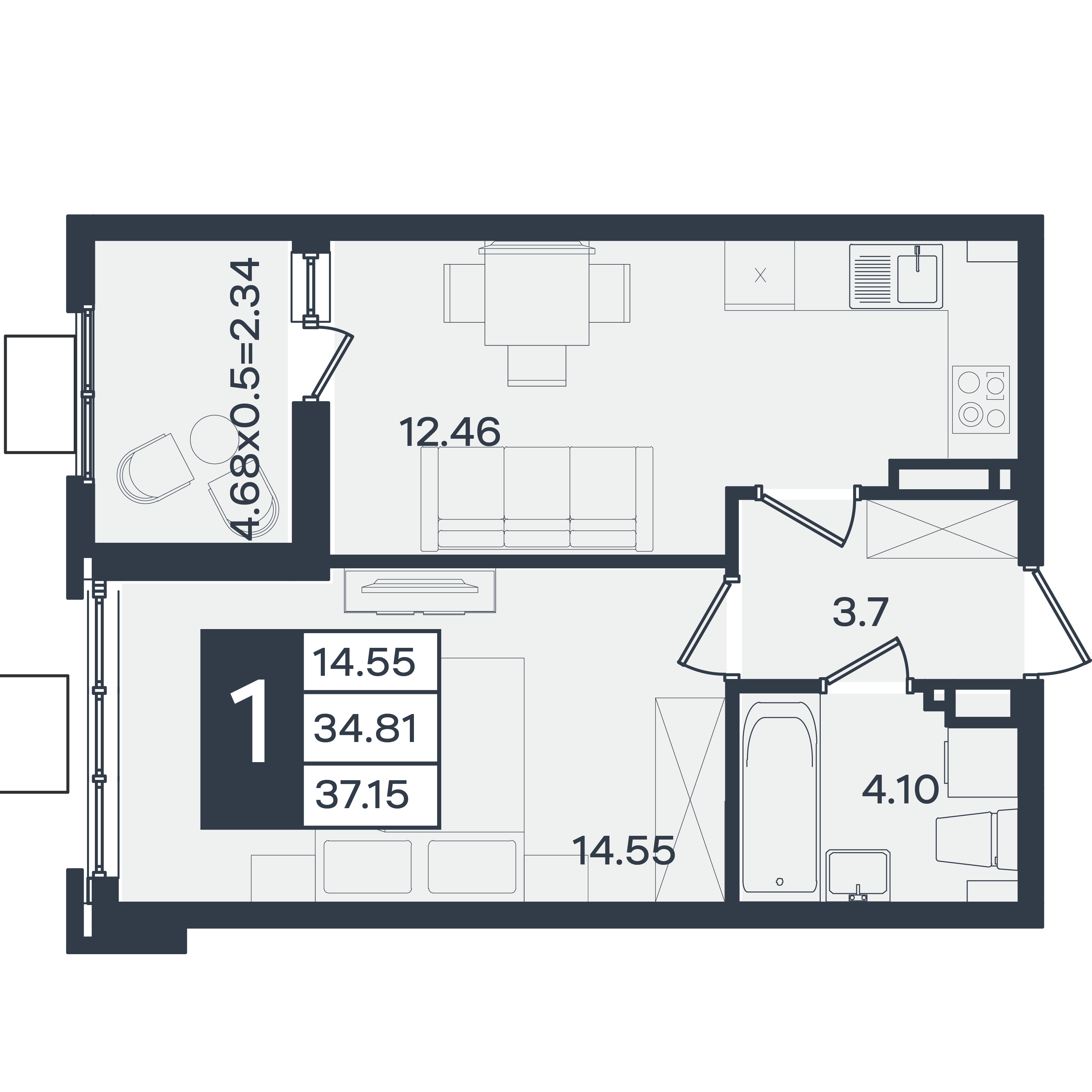Планировка: 1-комн. квартира 37,2 м²