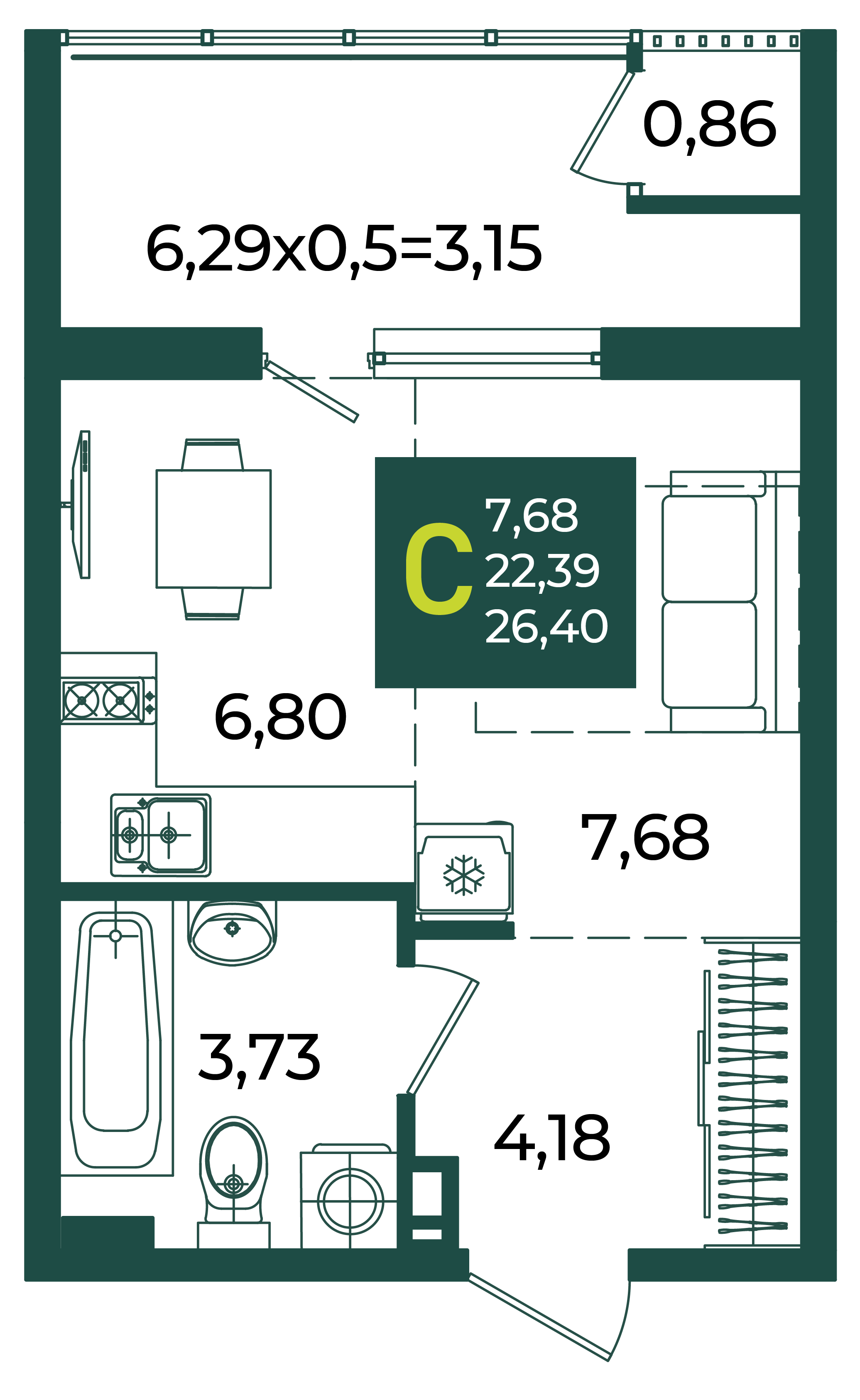 Планировка: Студия 26,4 м²