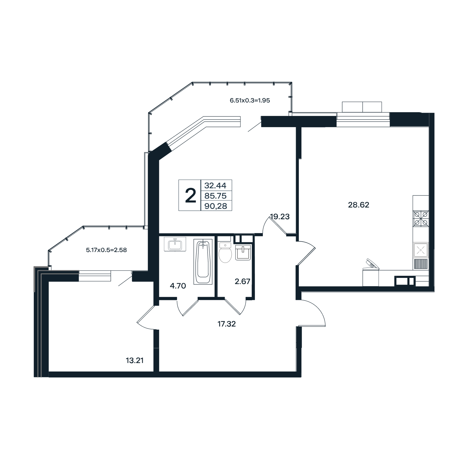 Планировка 2-комнатная 90,28 м²