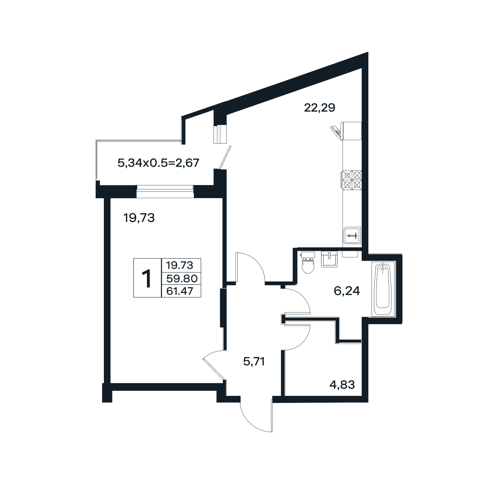 Планировка 1-комнатная 61,47 м²
