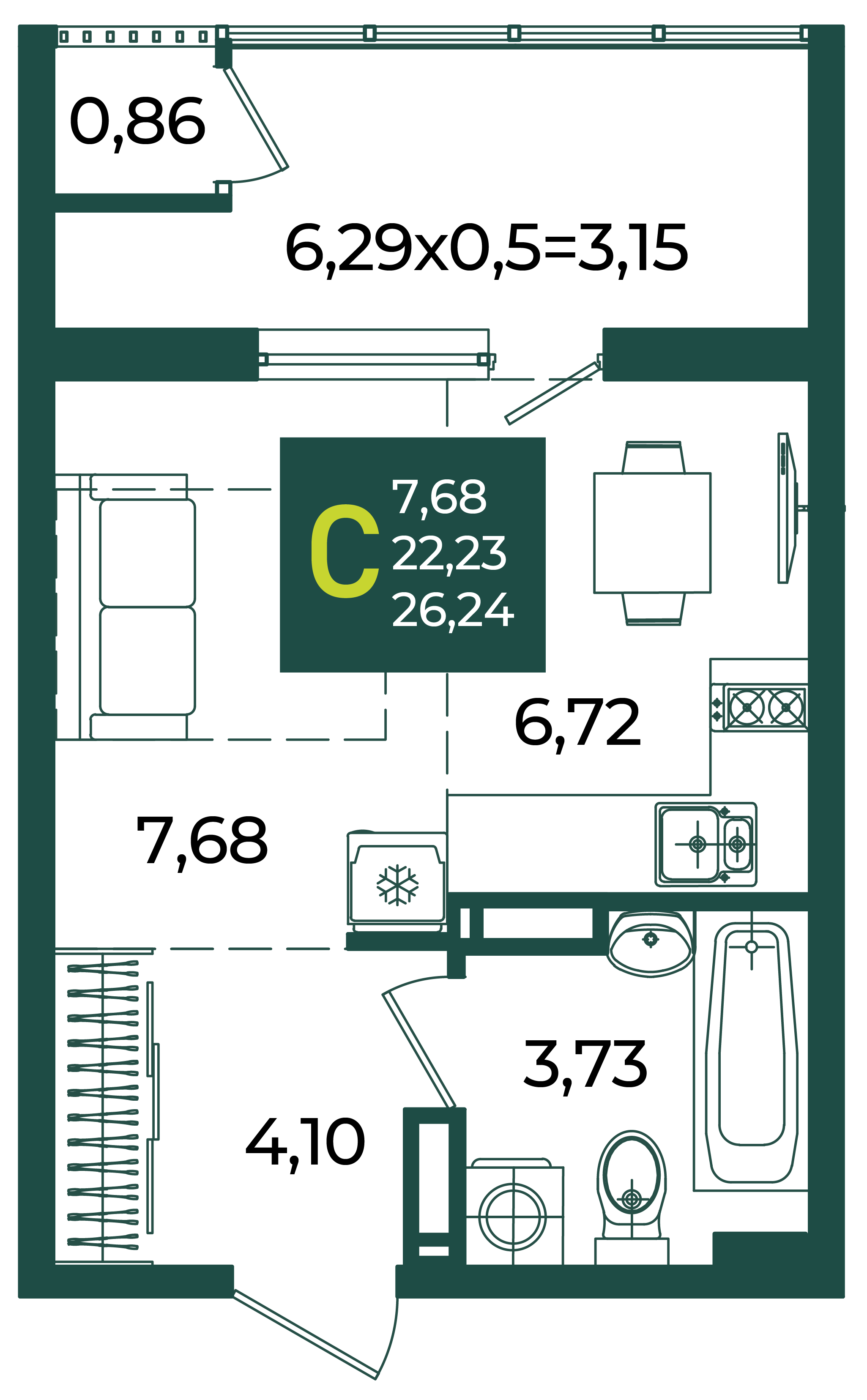 Планировка: Студия 26,2 м²