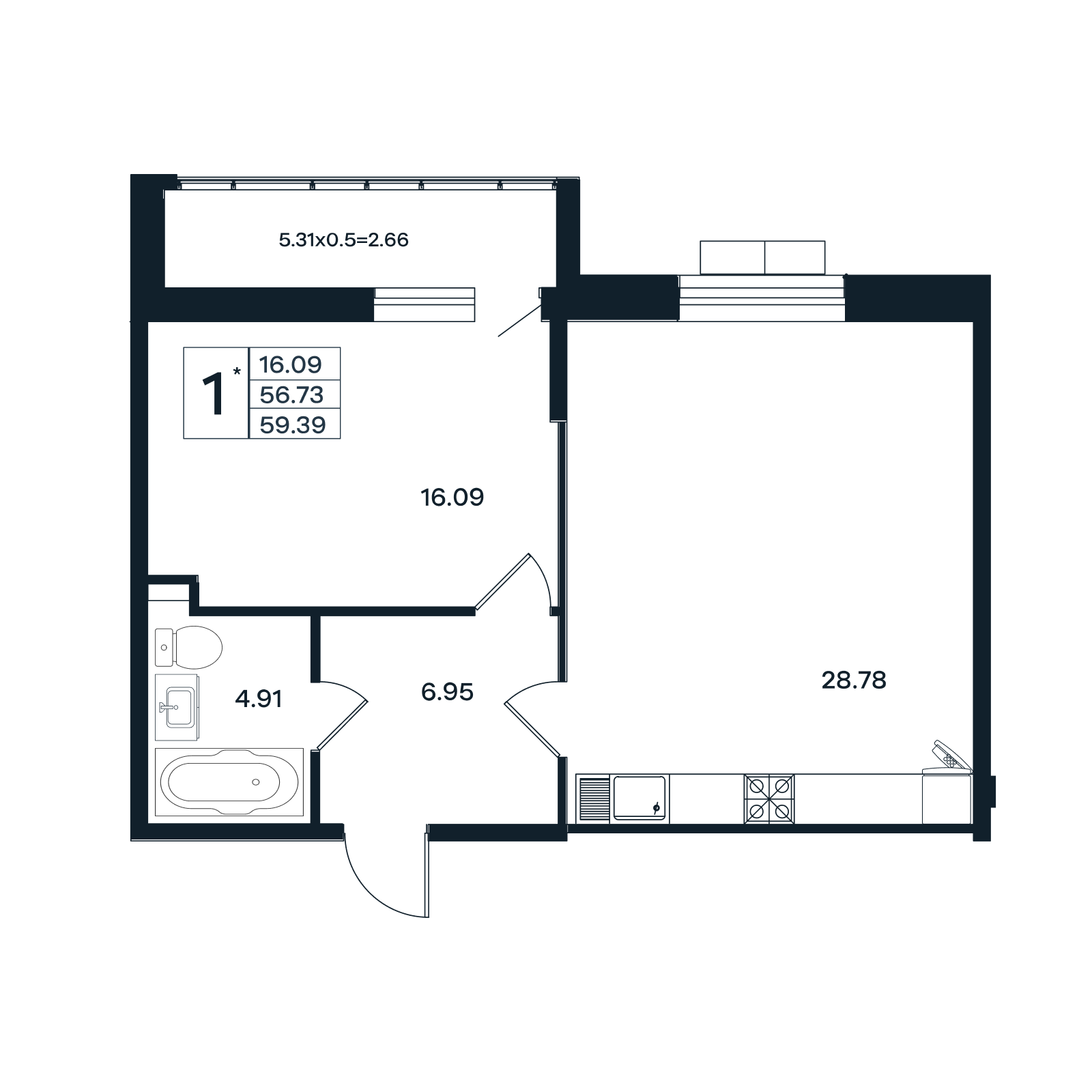 Планировка 1-комнатная 59,39 м²