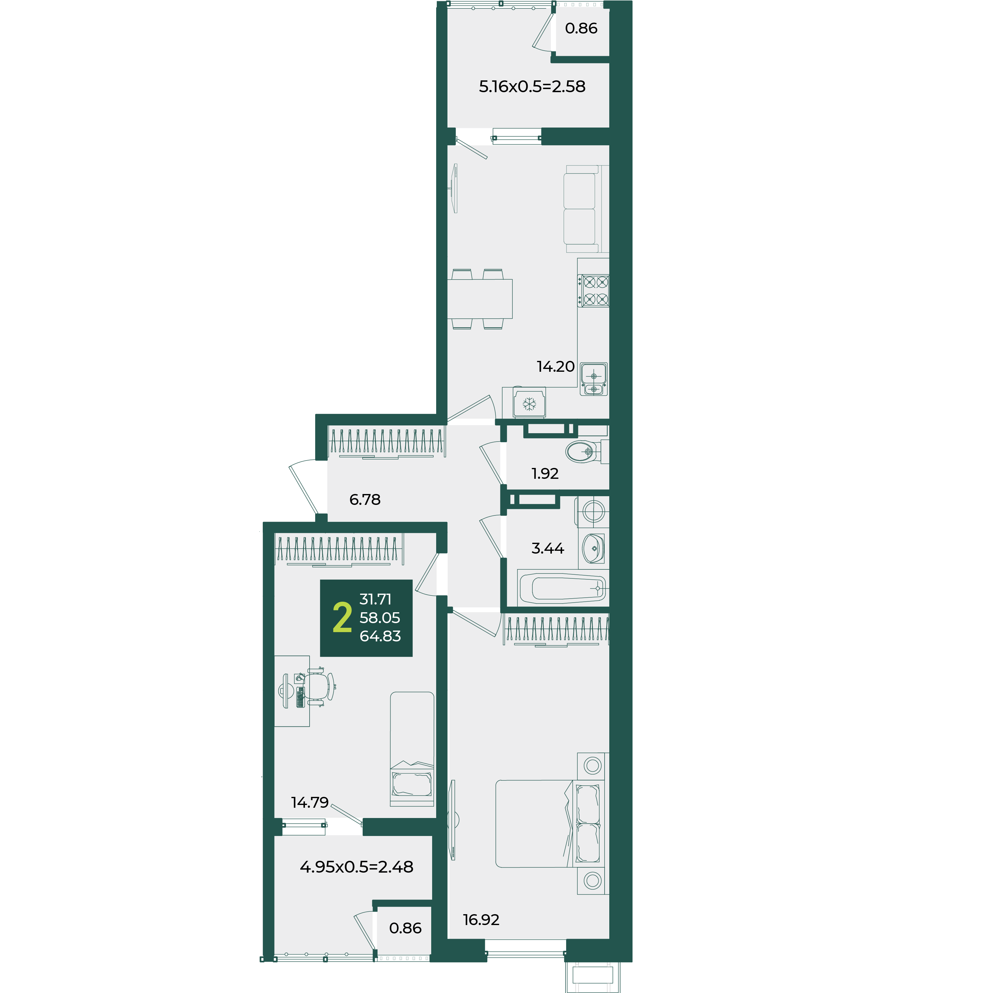 Планировка 2-комнатная 64,83 м²